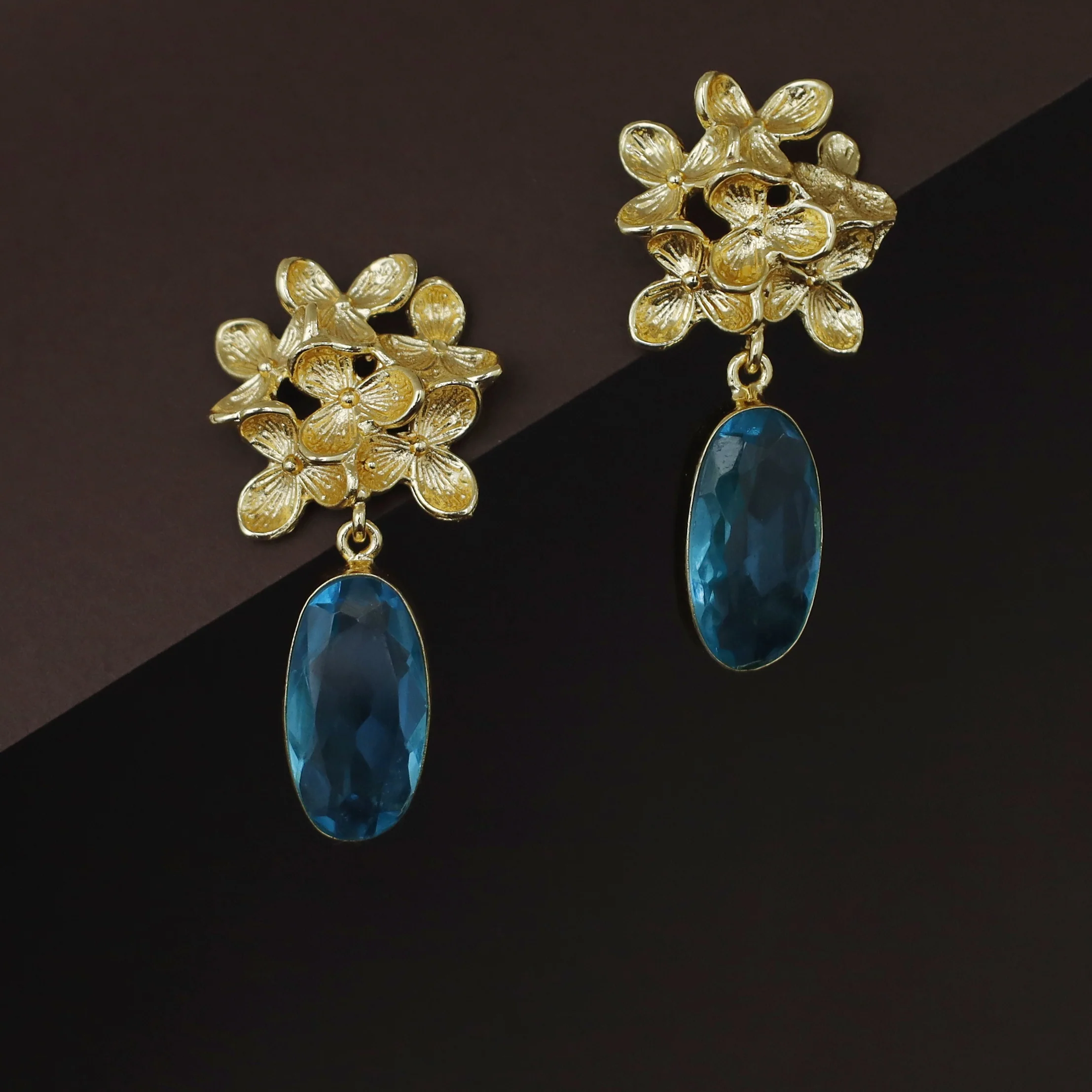 Golden Flower Bunch Oval Glossy Stone Earring - Image 8