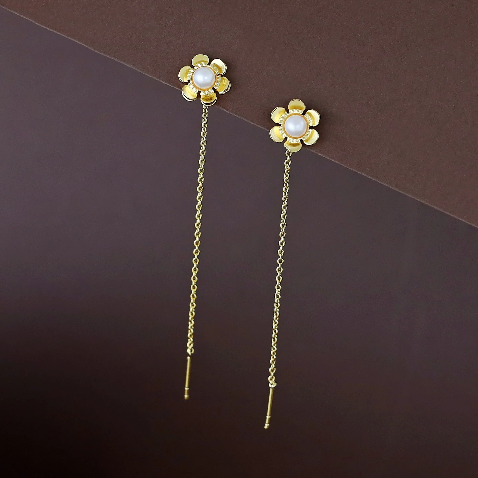Golden Flower Pearl Needle And Thread Earring - Image 2