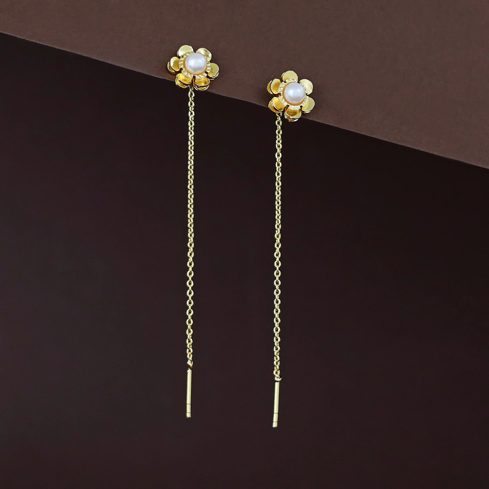 Golden Flower Pearl Needle And Thread Earring - Image 3