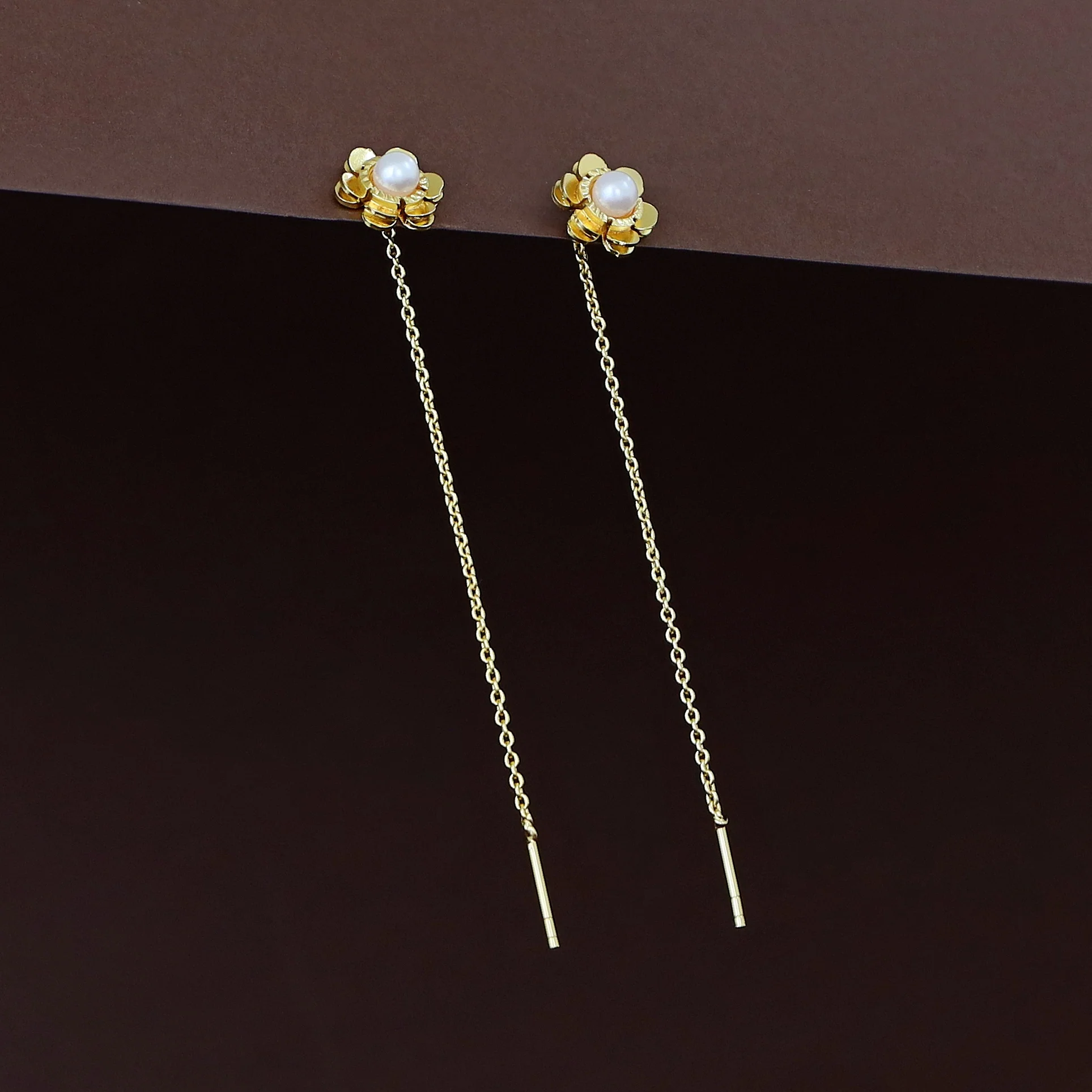 Golden Flower Pearl Needle And Thread Earring - Image 4