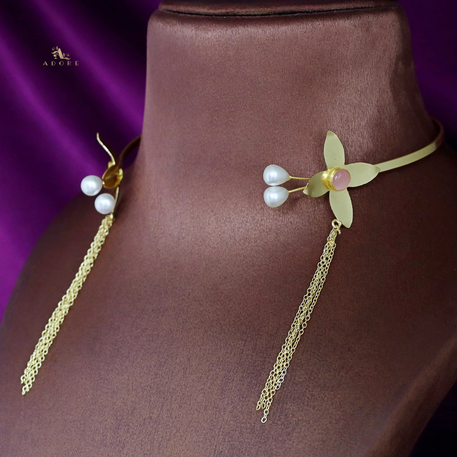 Golden Flower Glossy Twin Pearl Chain Neck Cuff - Image 10