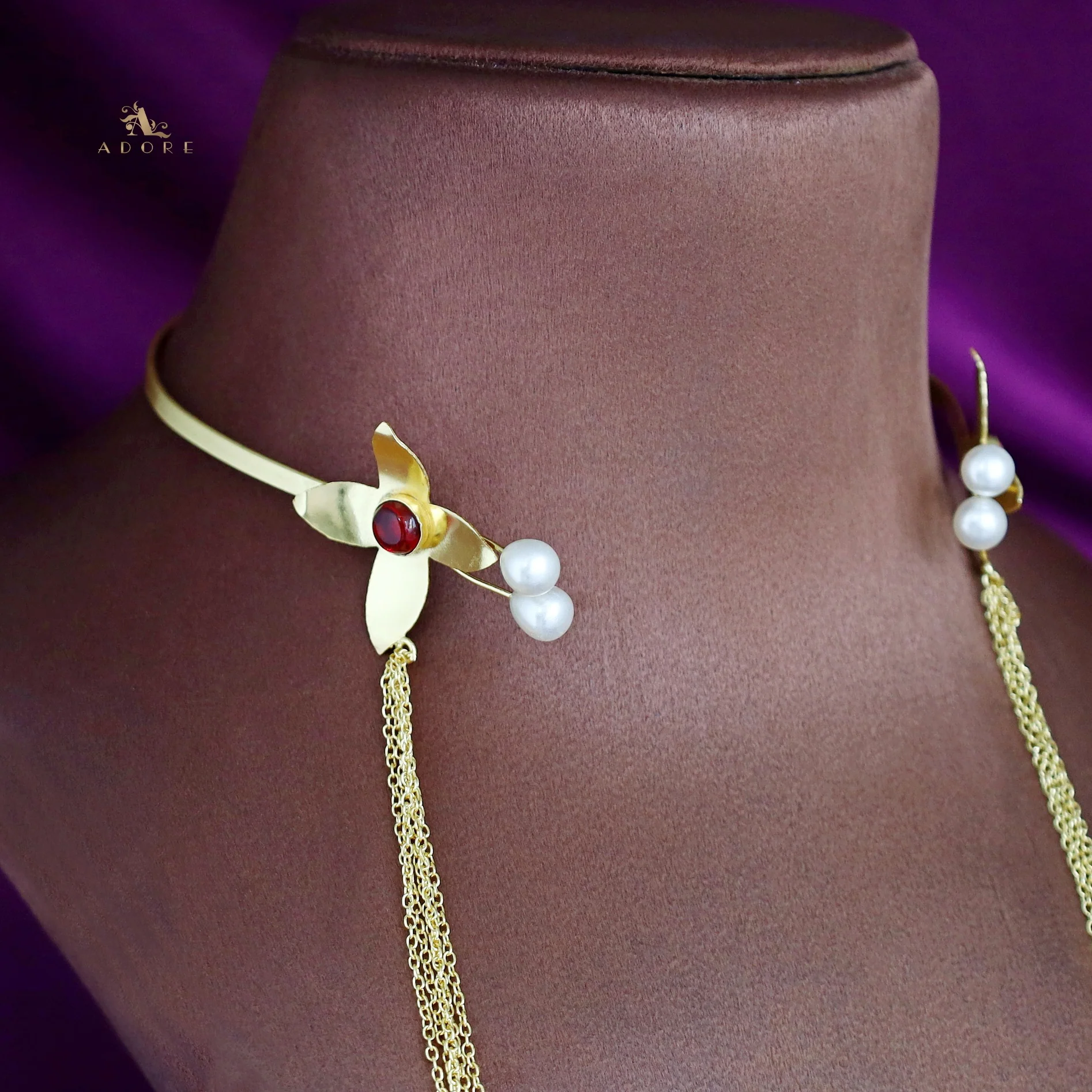 Golden Flower Glossy Twin Pearl Chain Neck Cuff - Image 11