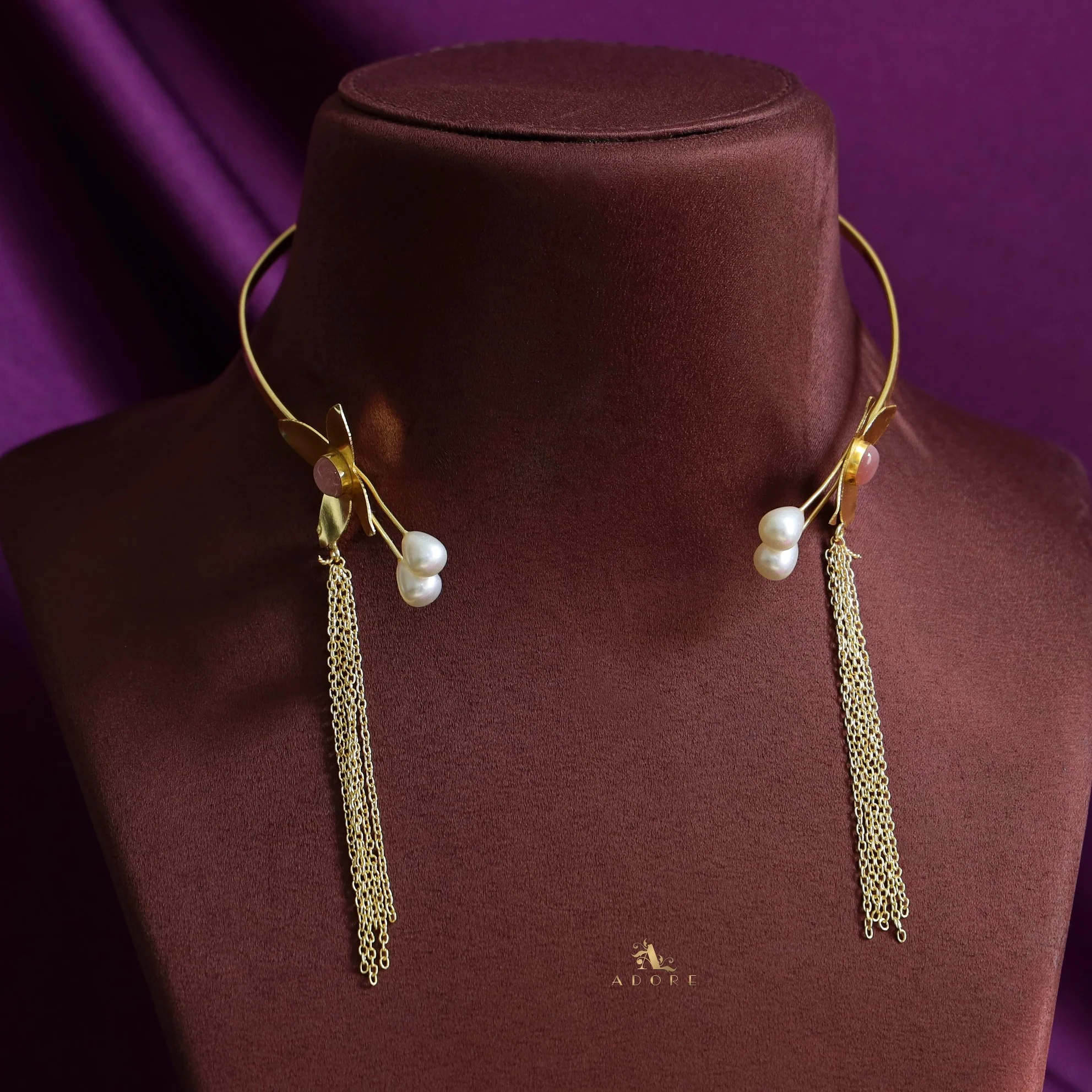 Golden Flower Glossy Twin Pearl Chain Neck Cuff - Image 5
