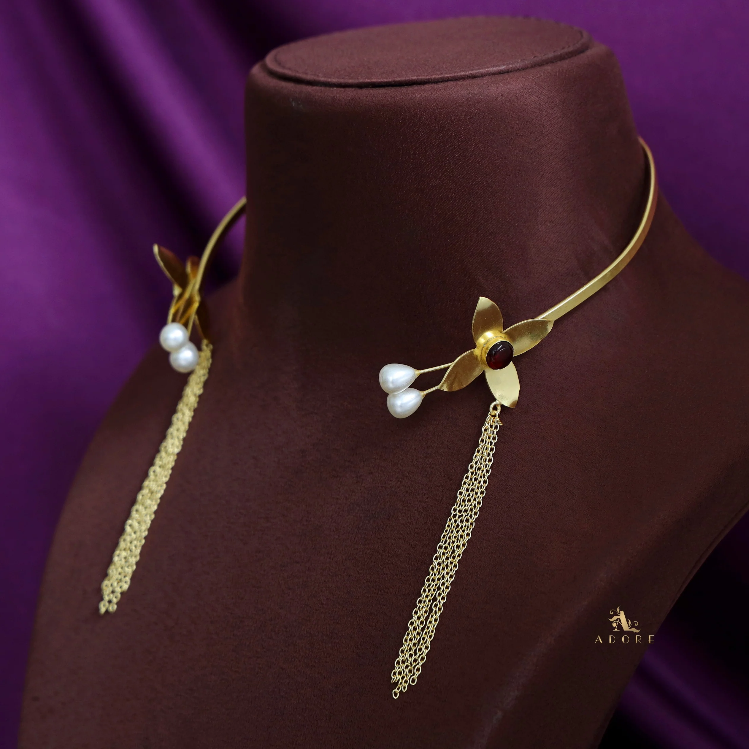 Golden Flower Glossy Twin Pearl Chain Neck Cuff - Image 6