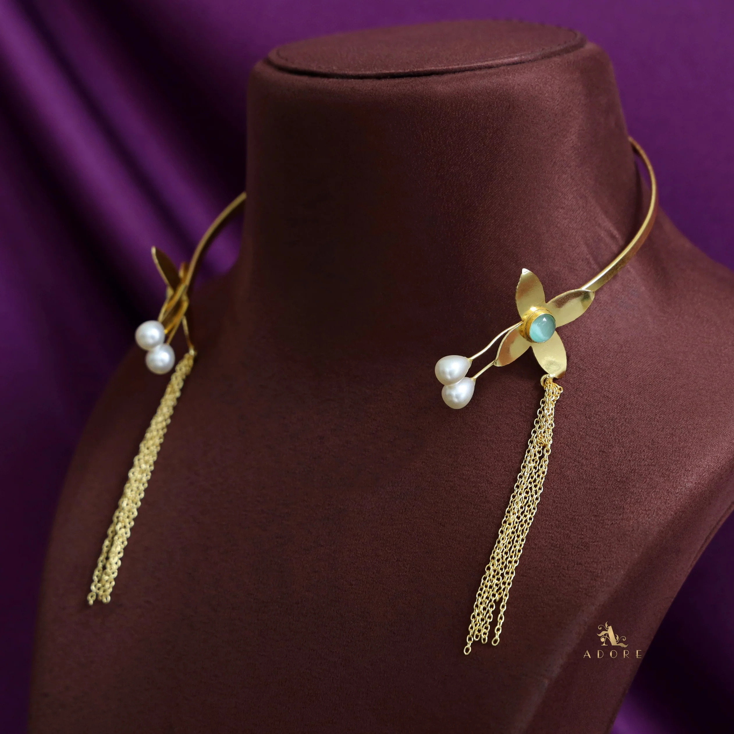 Golden Flower Glossy Twin Pearl Chain Neck Cuff - Image 8