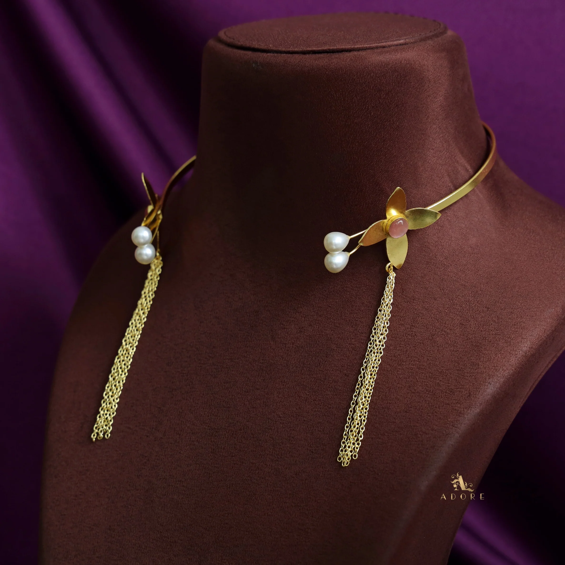 Golden Flower Glossy Twin Pearl Chain Neck Cuff - Image 9