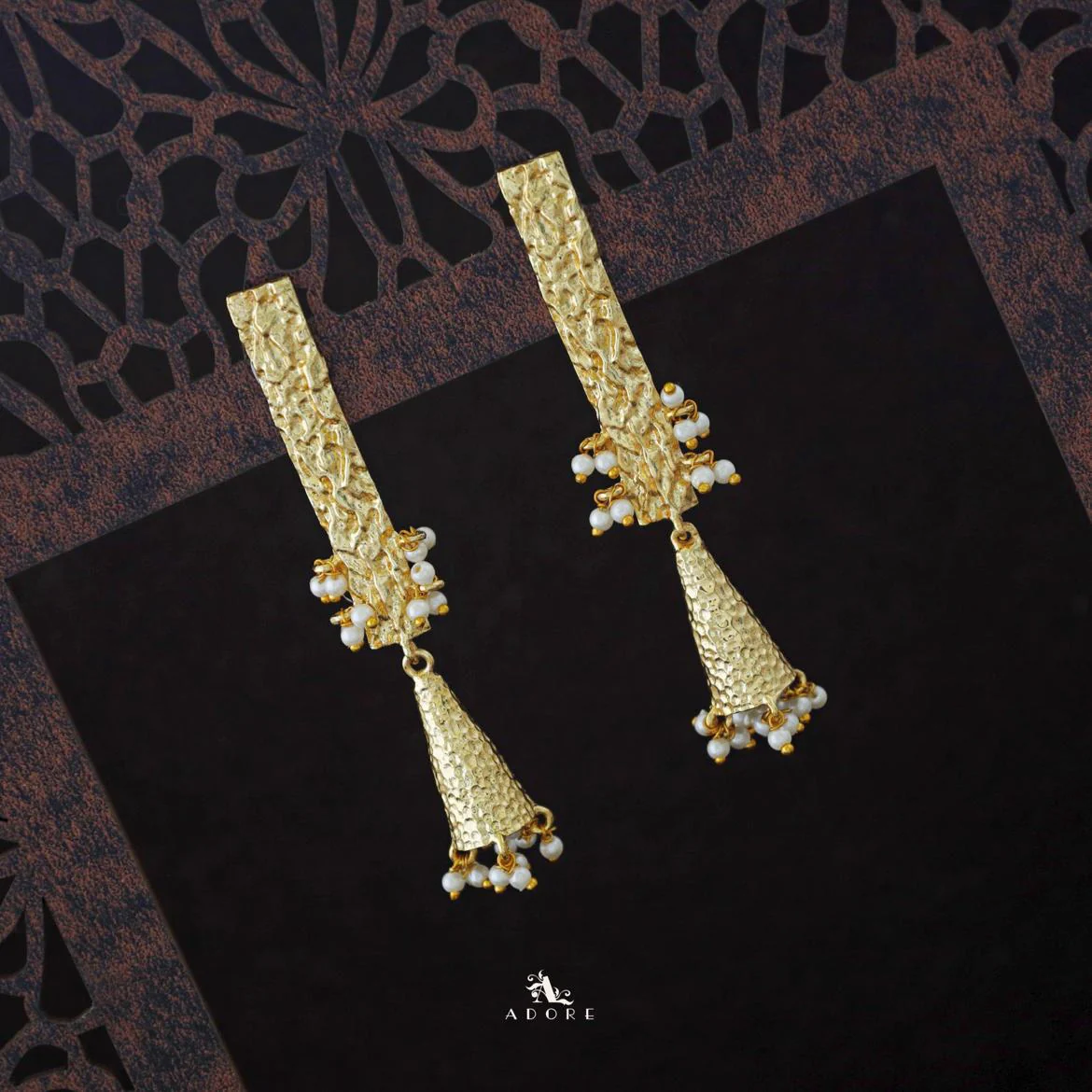 Golden Frost Cone Pearl Stick Textured Earring - Image 3