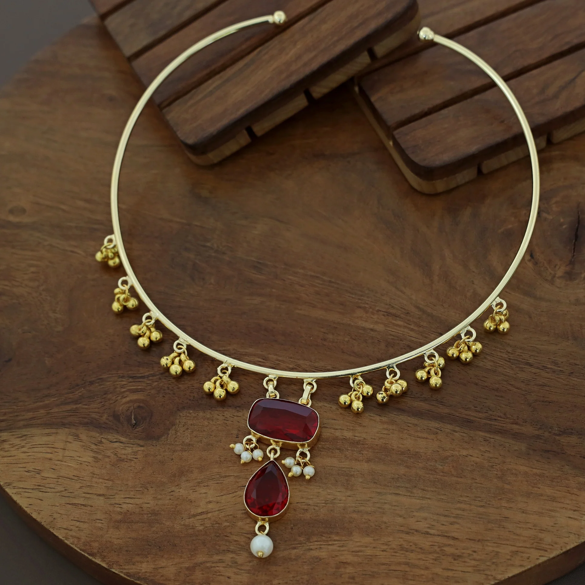 Golden Ghungroo Glossy Pearl Neck Cuff - Image 4