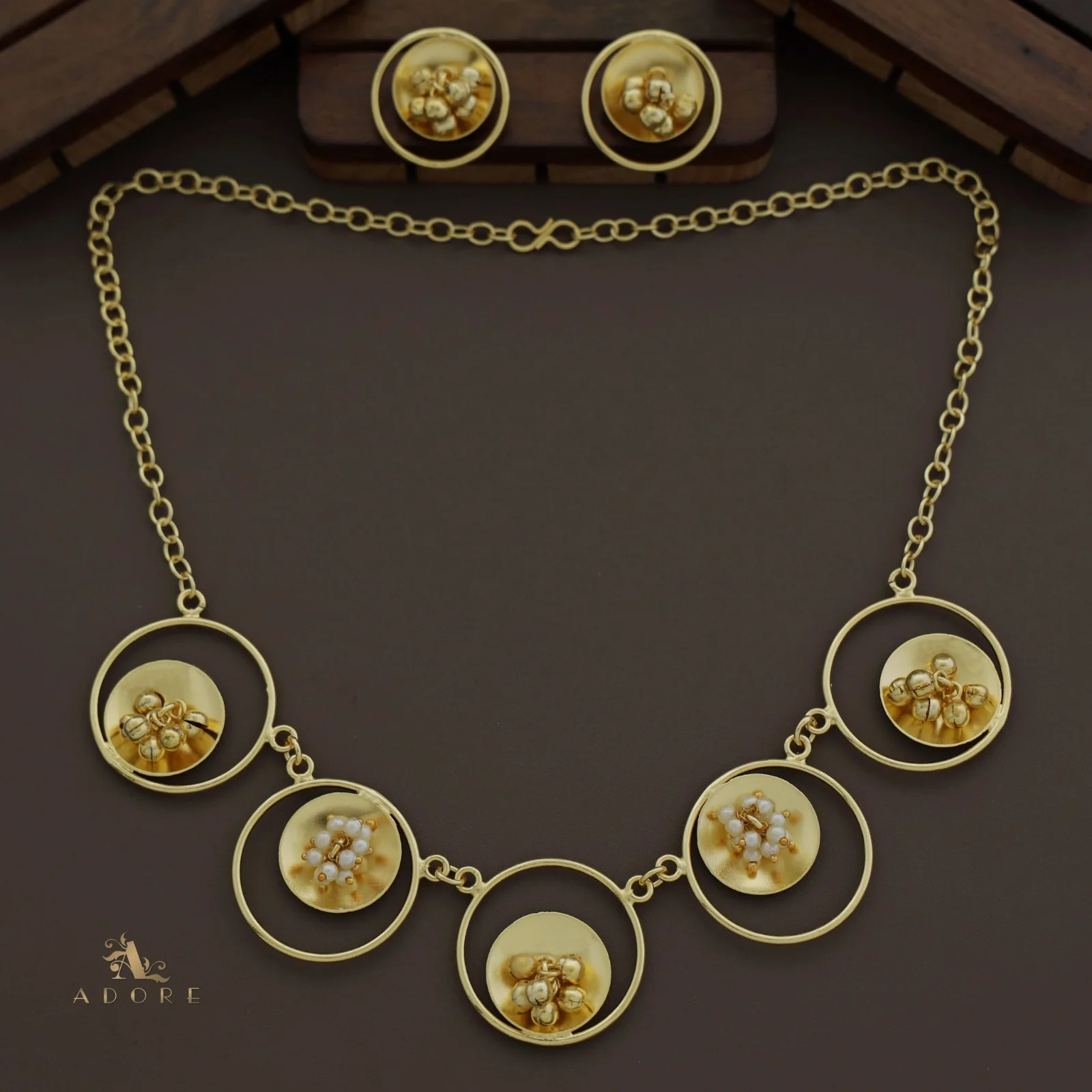 Golden Ghungroo Pearl Circle Neckpiece With Earring - Image 3
