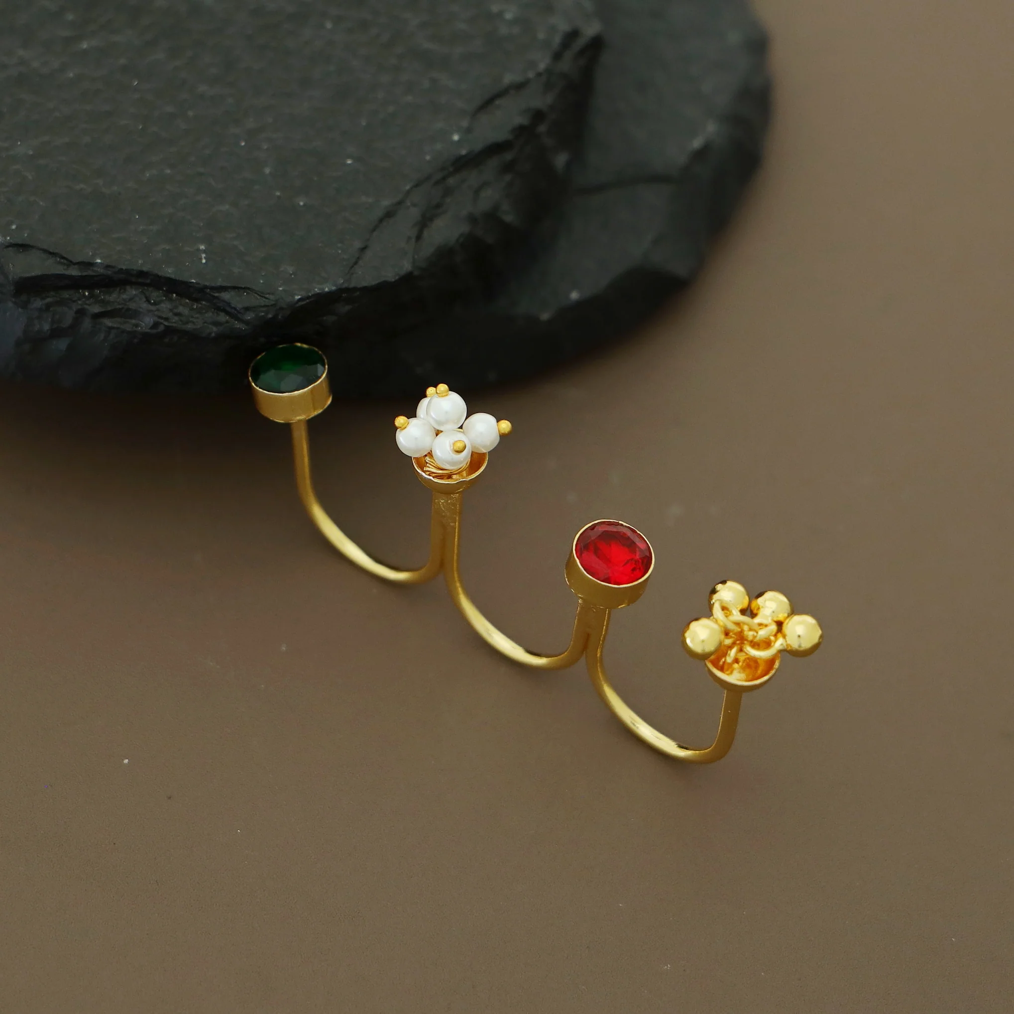 Golden Ghungroo Pearl Glossy 3 Finger Ring - Image 2