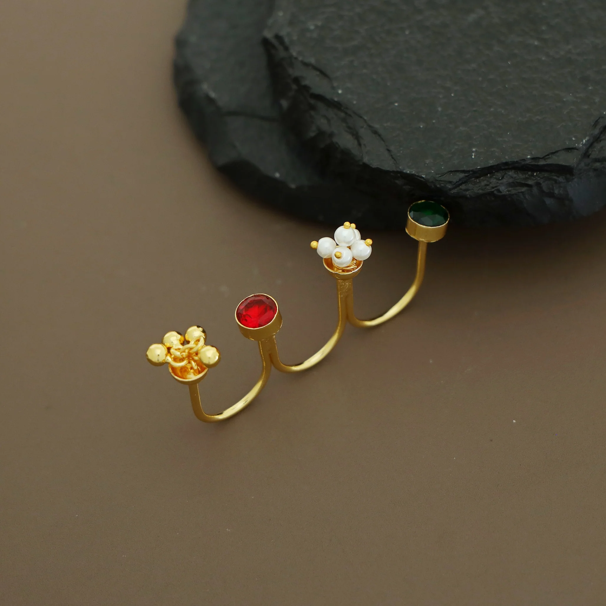 Golden Ghungroo Pearl Glossy 3 Finger Ring - Image 3