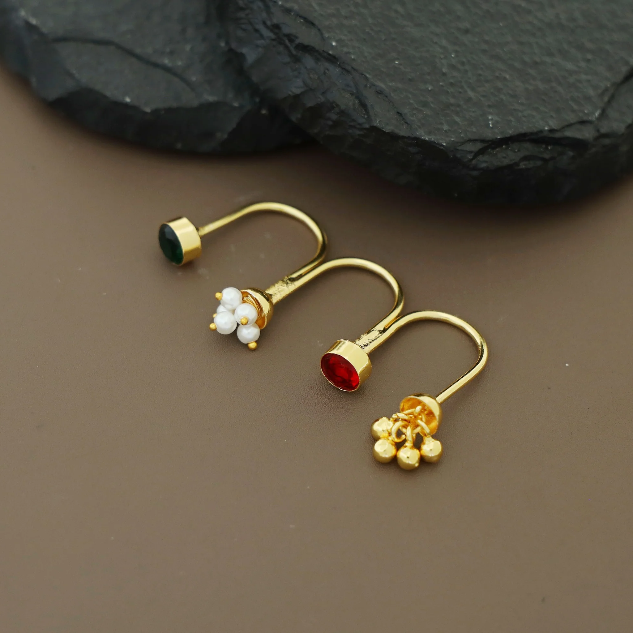 Golden Ghungroo Pearl Glossy 3 Finger Ring - Image 4