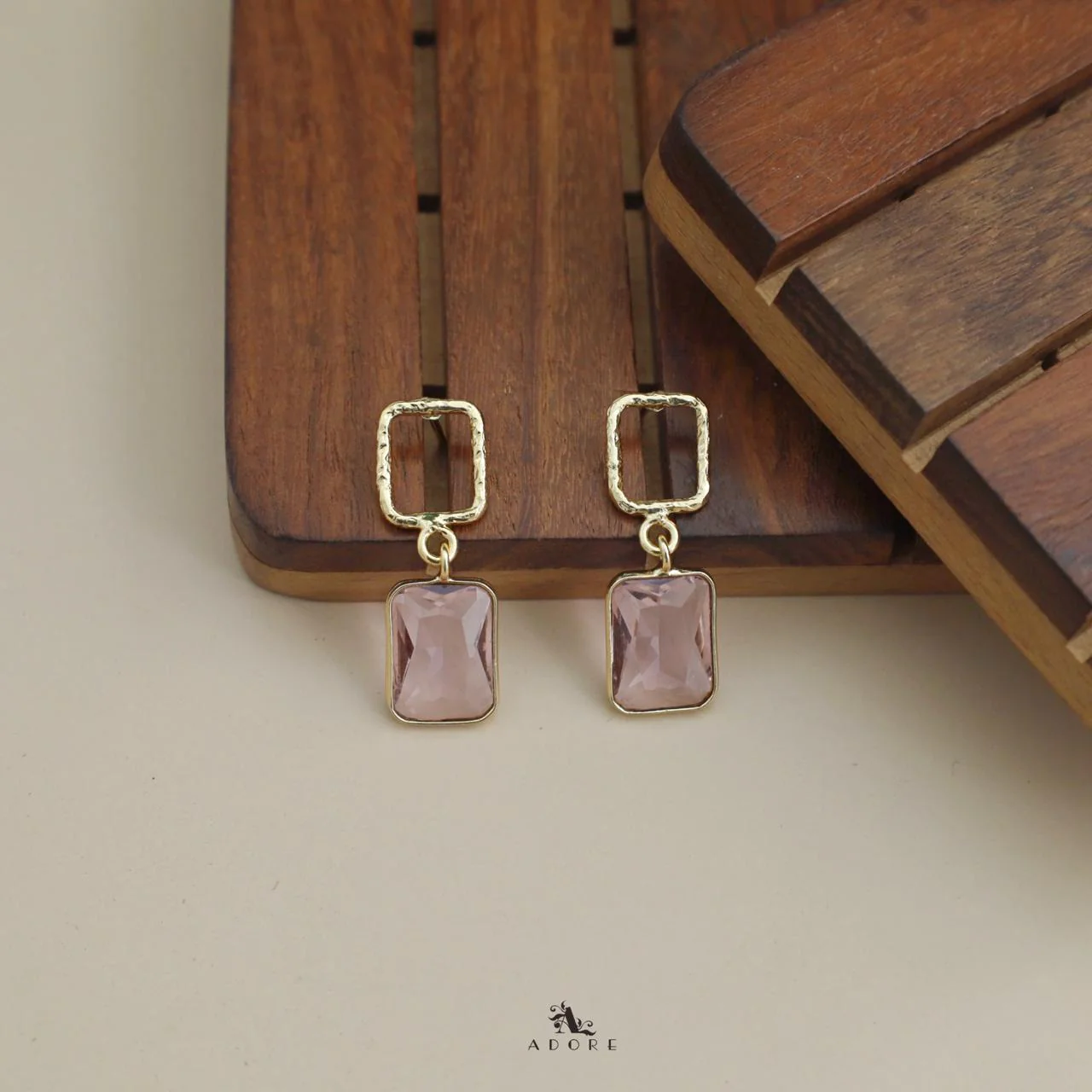 Golden Glossy Textured Rectangle Earring - Image 11