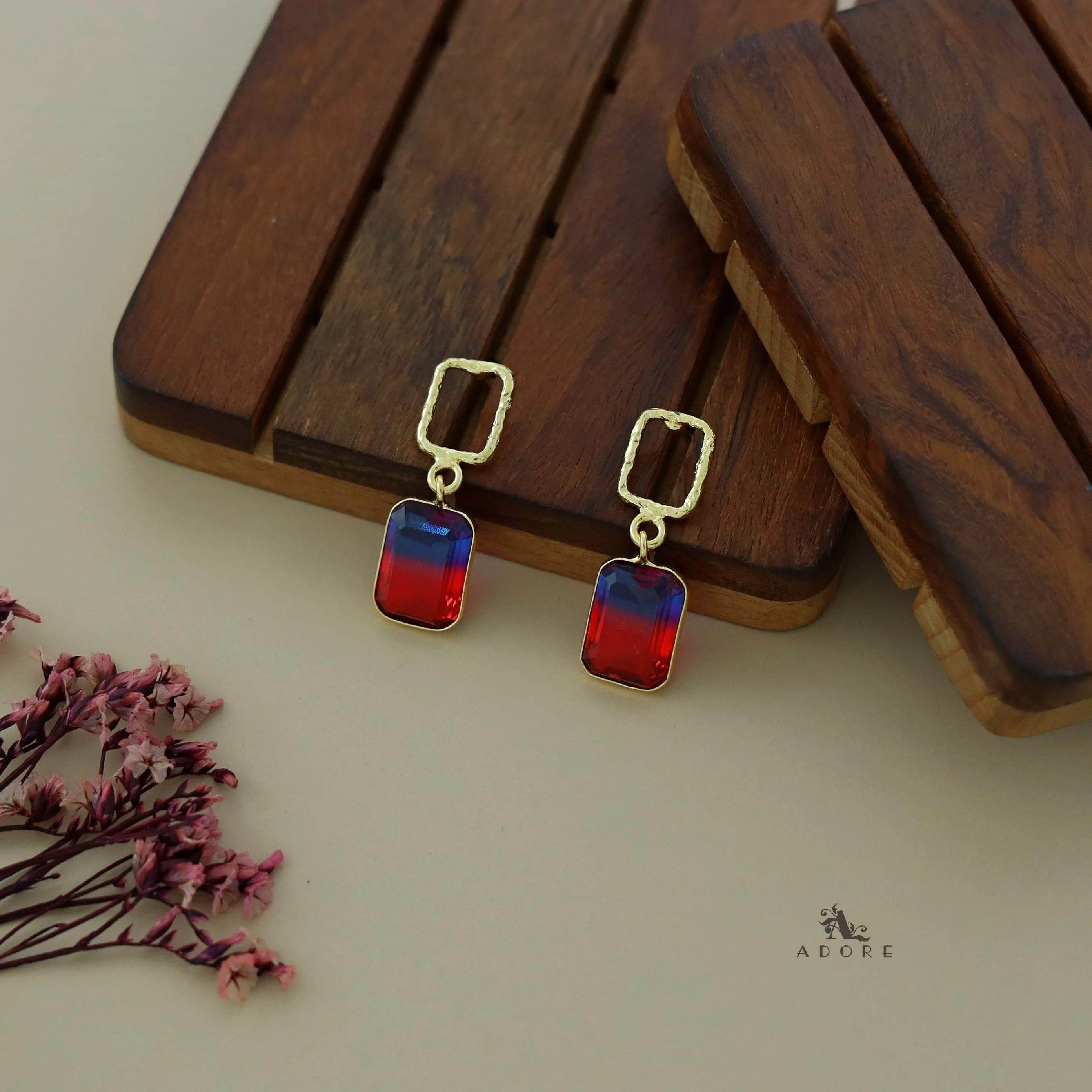 Golden Glossy Textured Rectangle Earring - Image 12