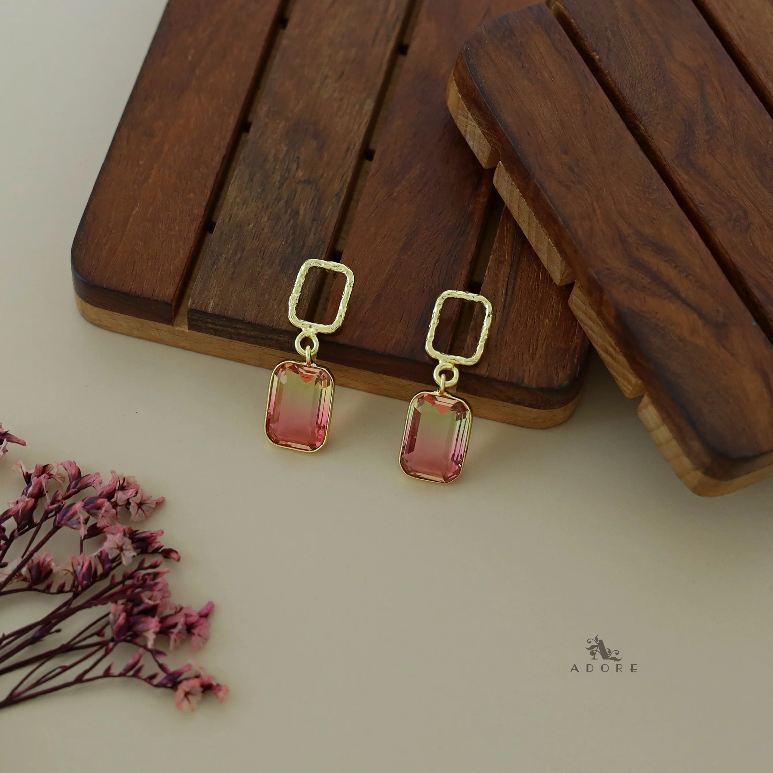 Golden Glossy Textured Rectangle Earring - Image 13