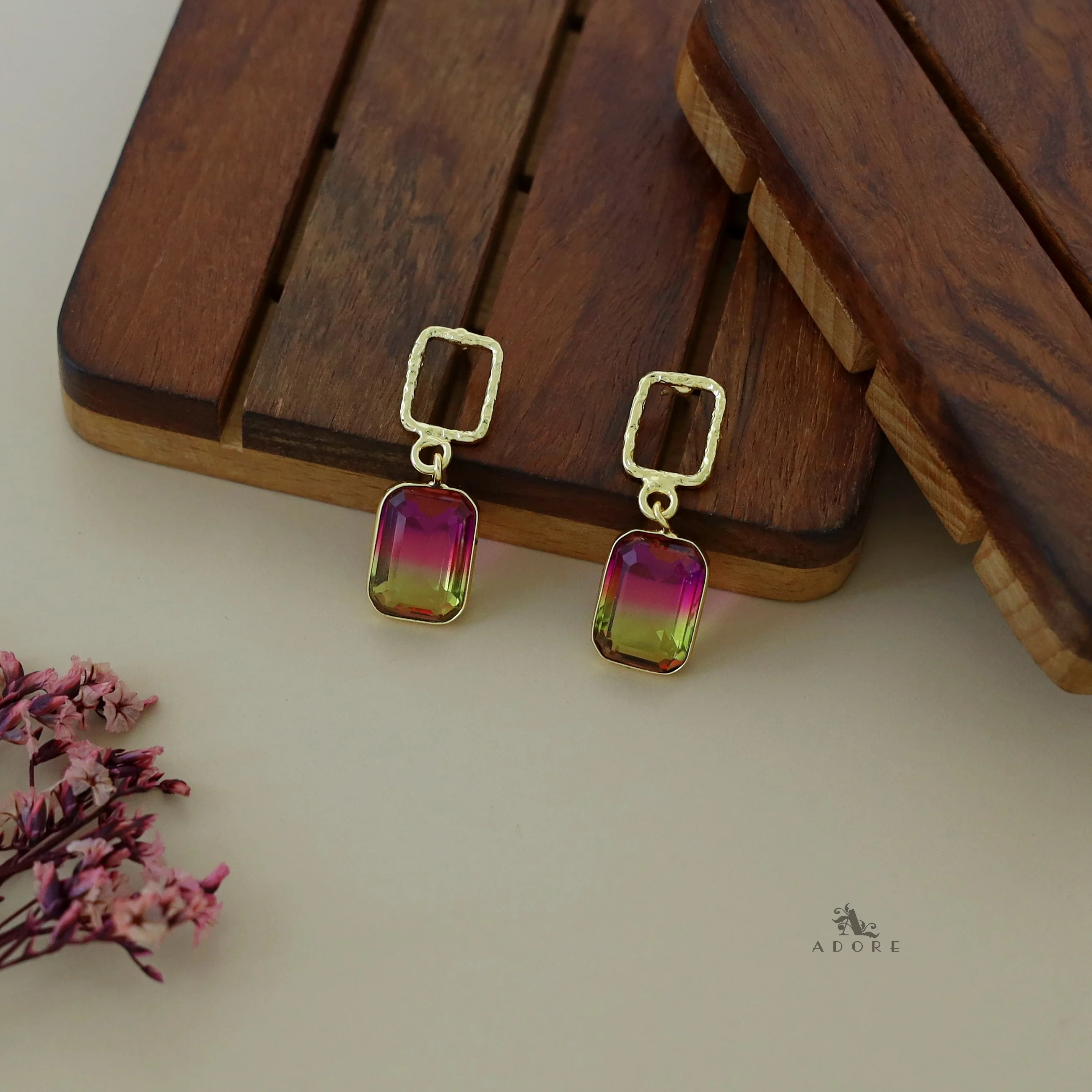 Golden Glossy Textured Rectangle Earring - Image 16