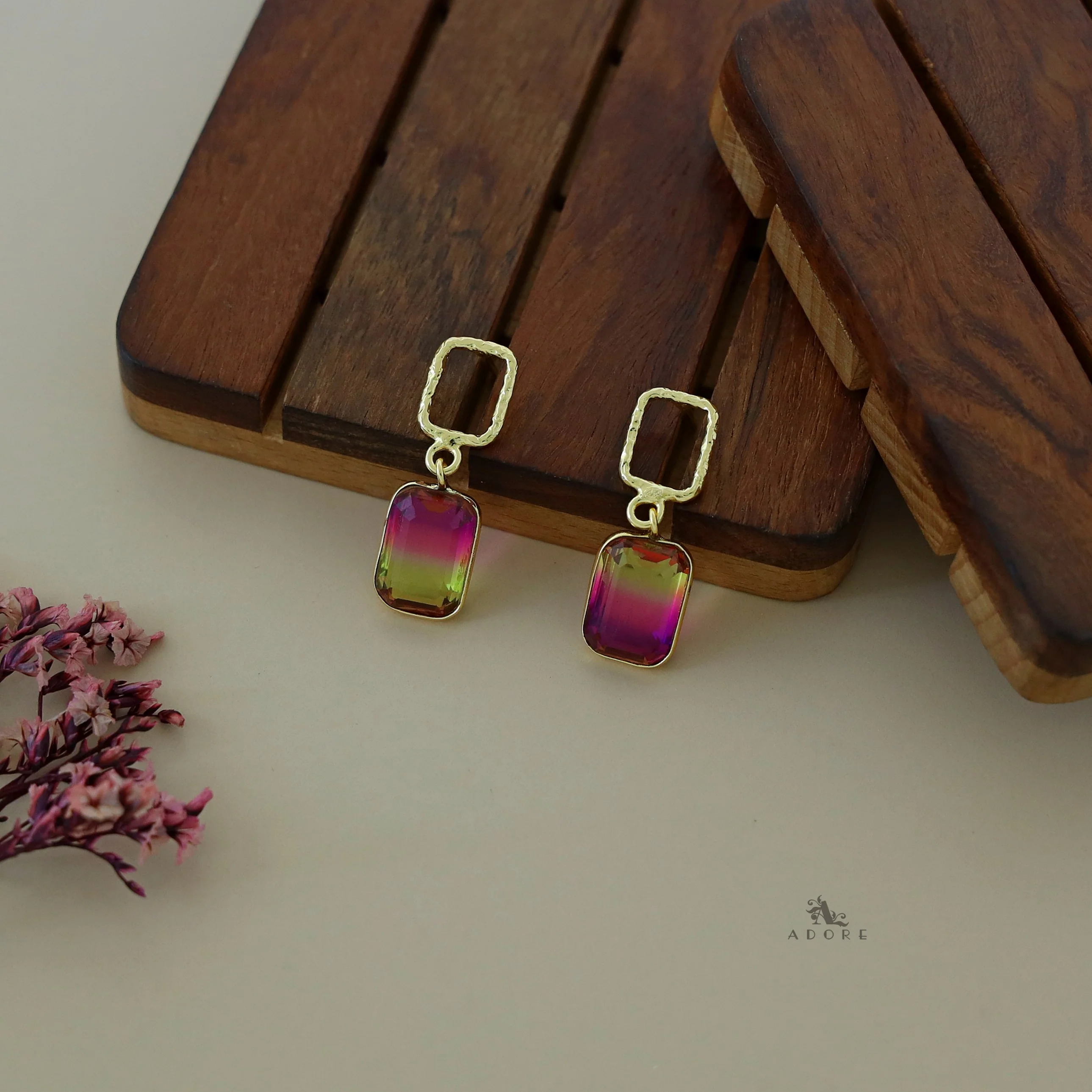 Golden Glossy Textured Rectangle Earring - Image 18