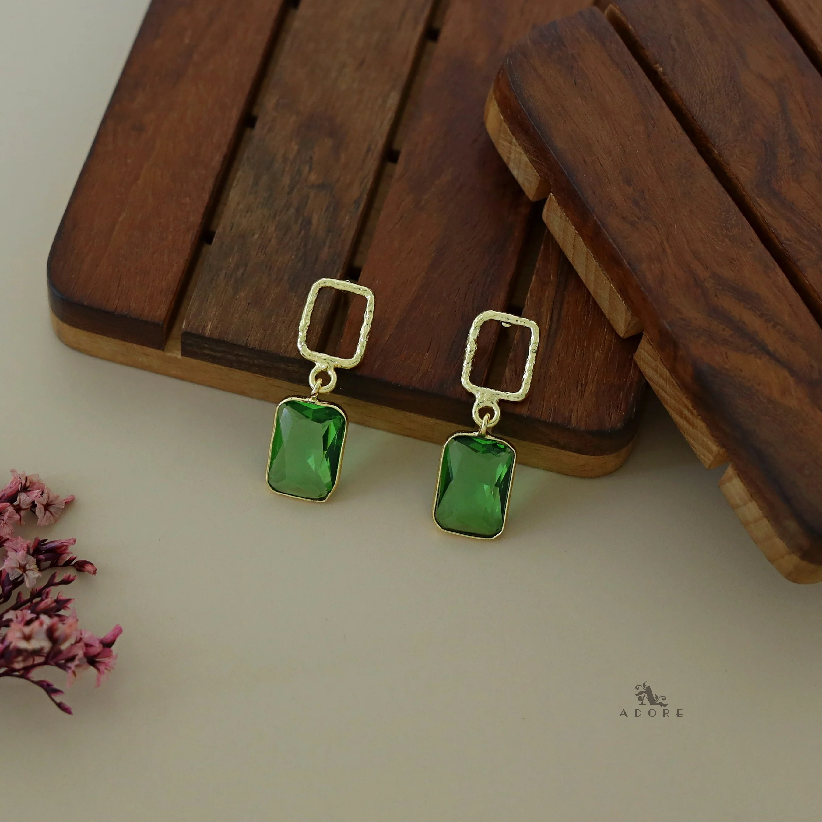 Golden Glossy Textured Rectangle Earring - Image 2