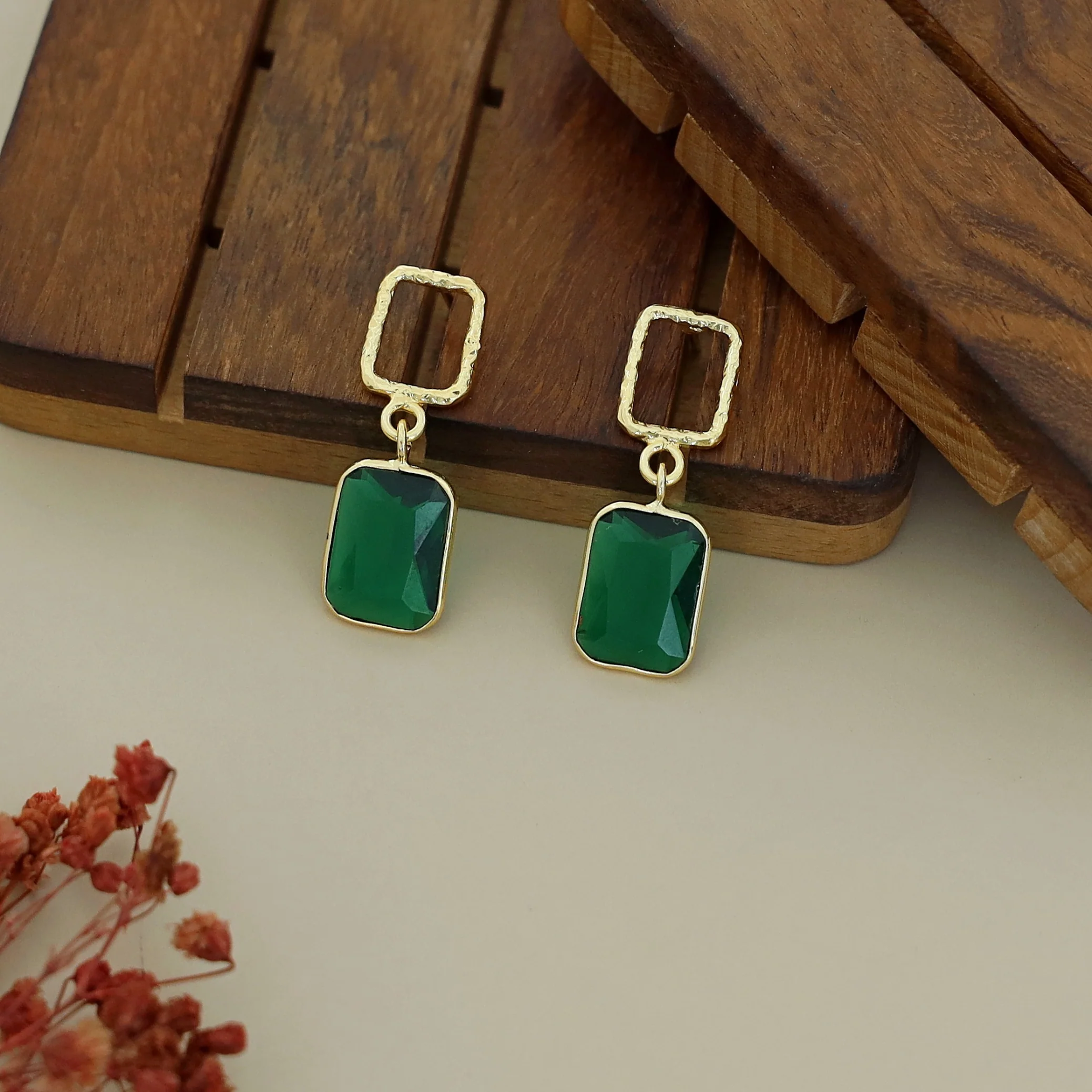 Golden Glossy Textured Rectangle Earring - Image 23