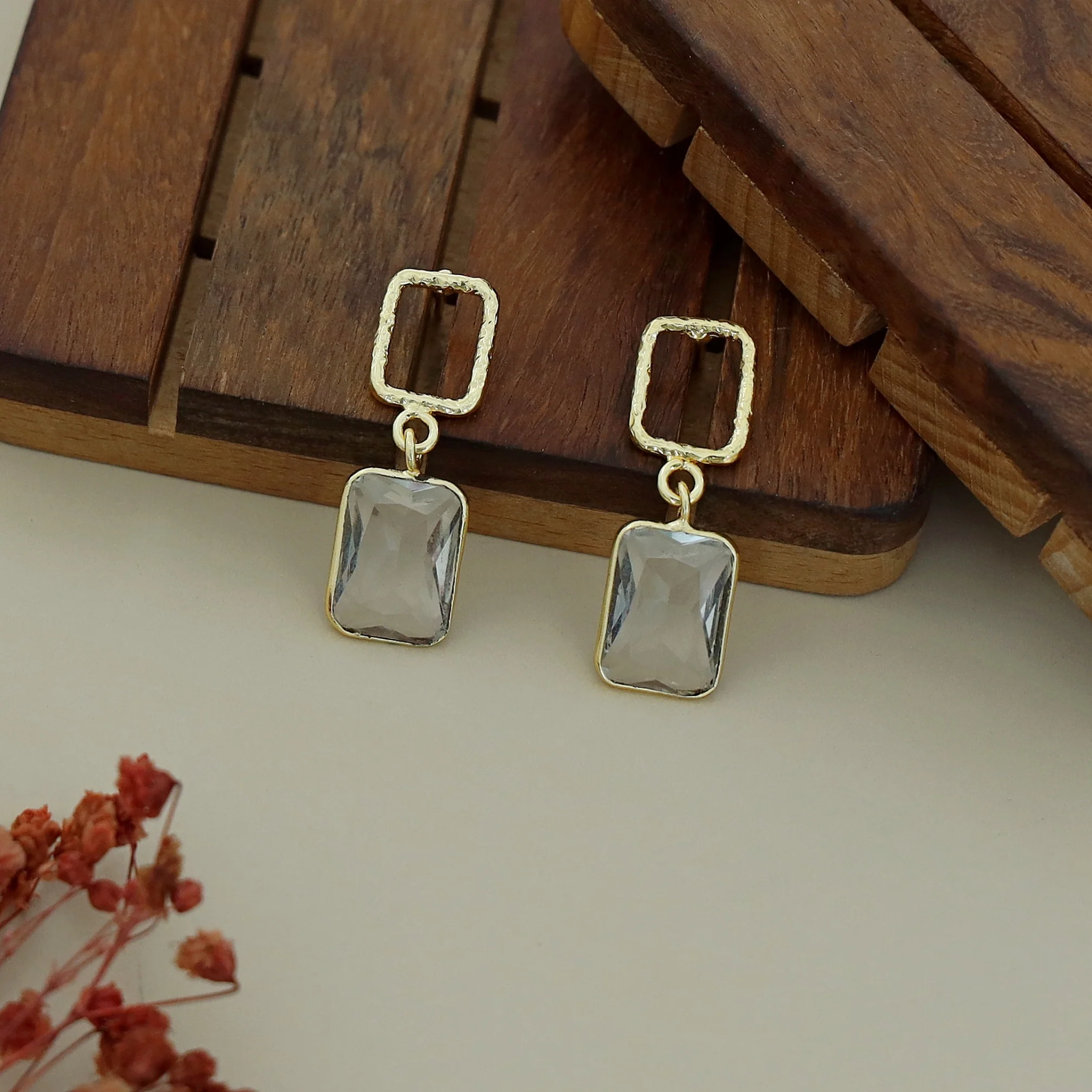 Golden Glossy Textured Rectangle Earring - Image 24