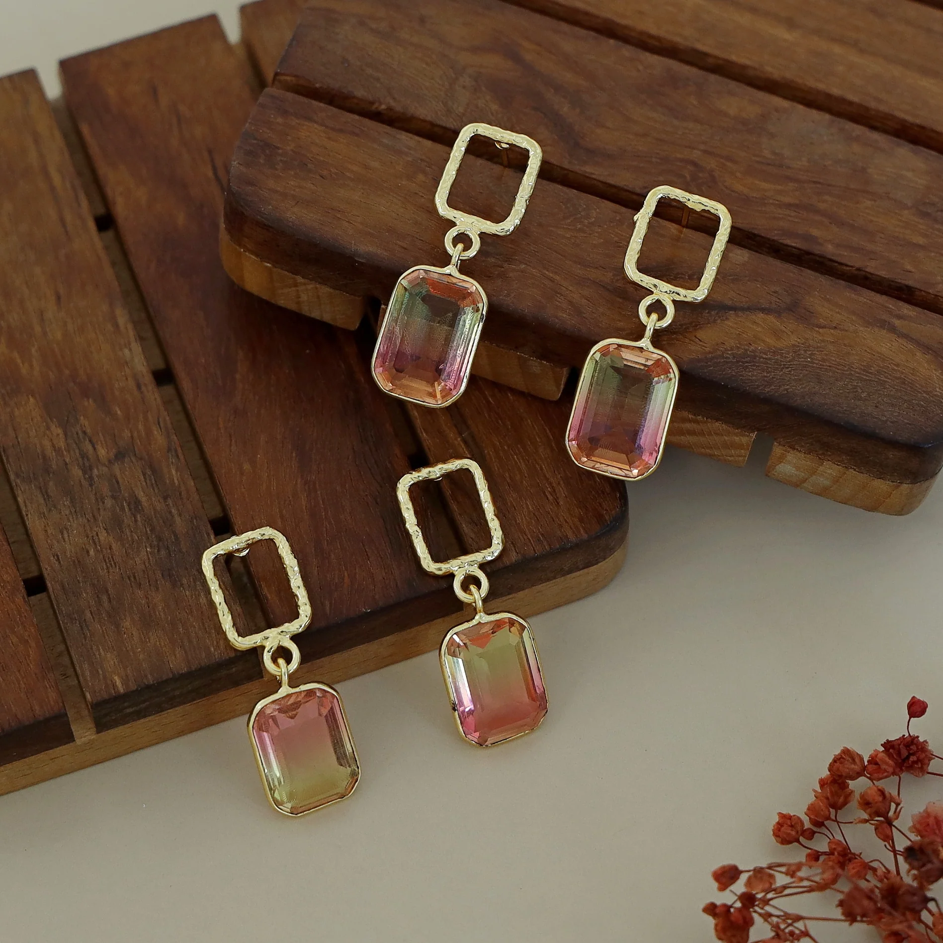 Golden Glossy Textured Rectangle Earring - Image 26