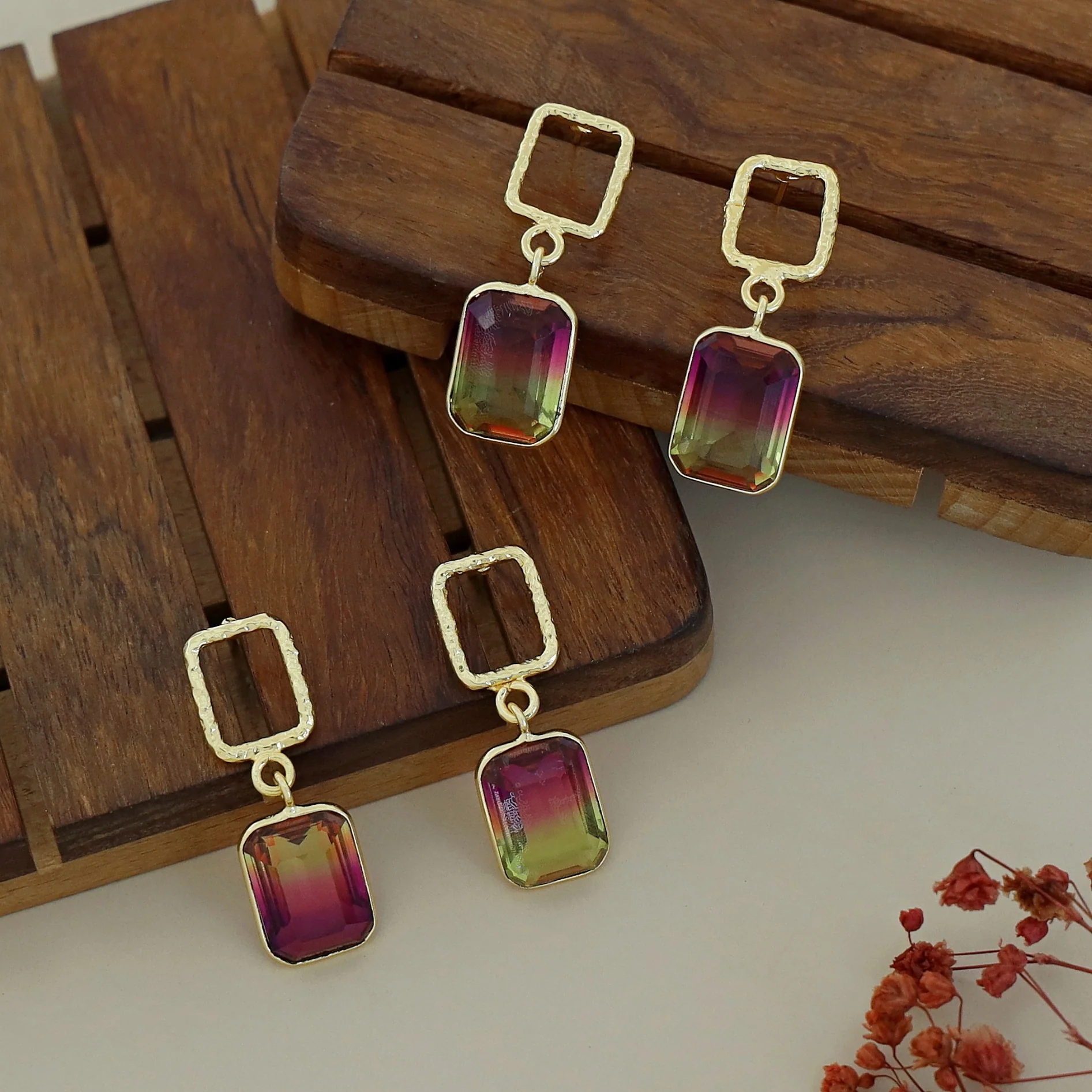 Golden Glossy Textured Rectangle Earring - Image 28