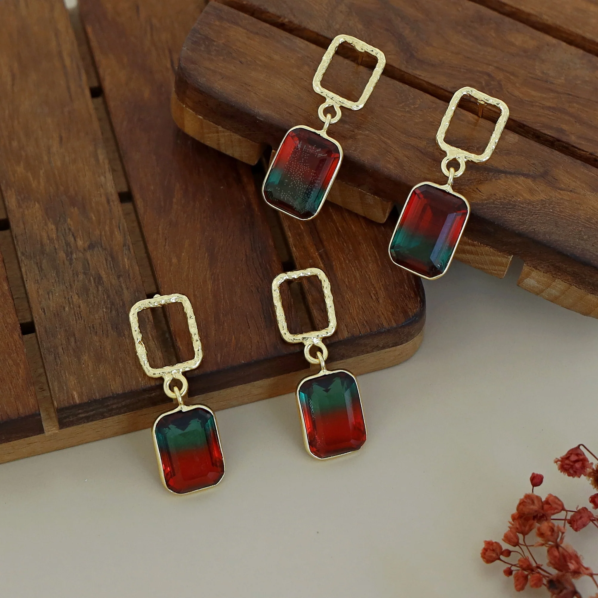Golden Glossy Textured Rectangle Earring - Image 29