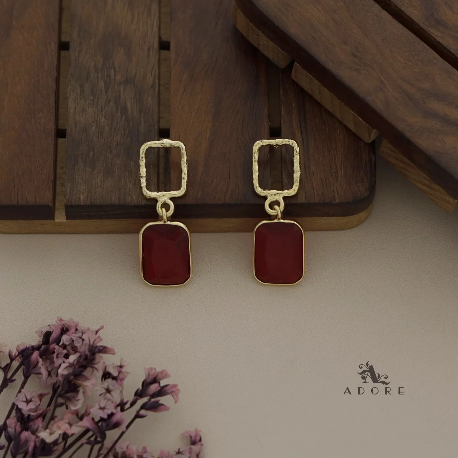 Golden Glossy Textured Rectangle Earring - Image 3