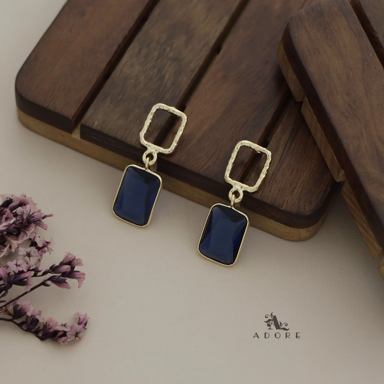 Golden Glossy Textured Rectangle Earring - Image 4