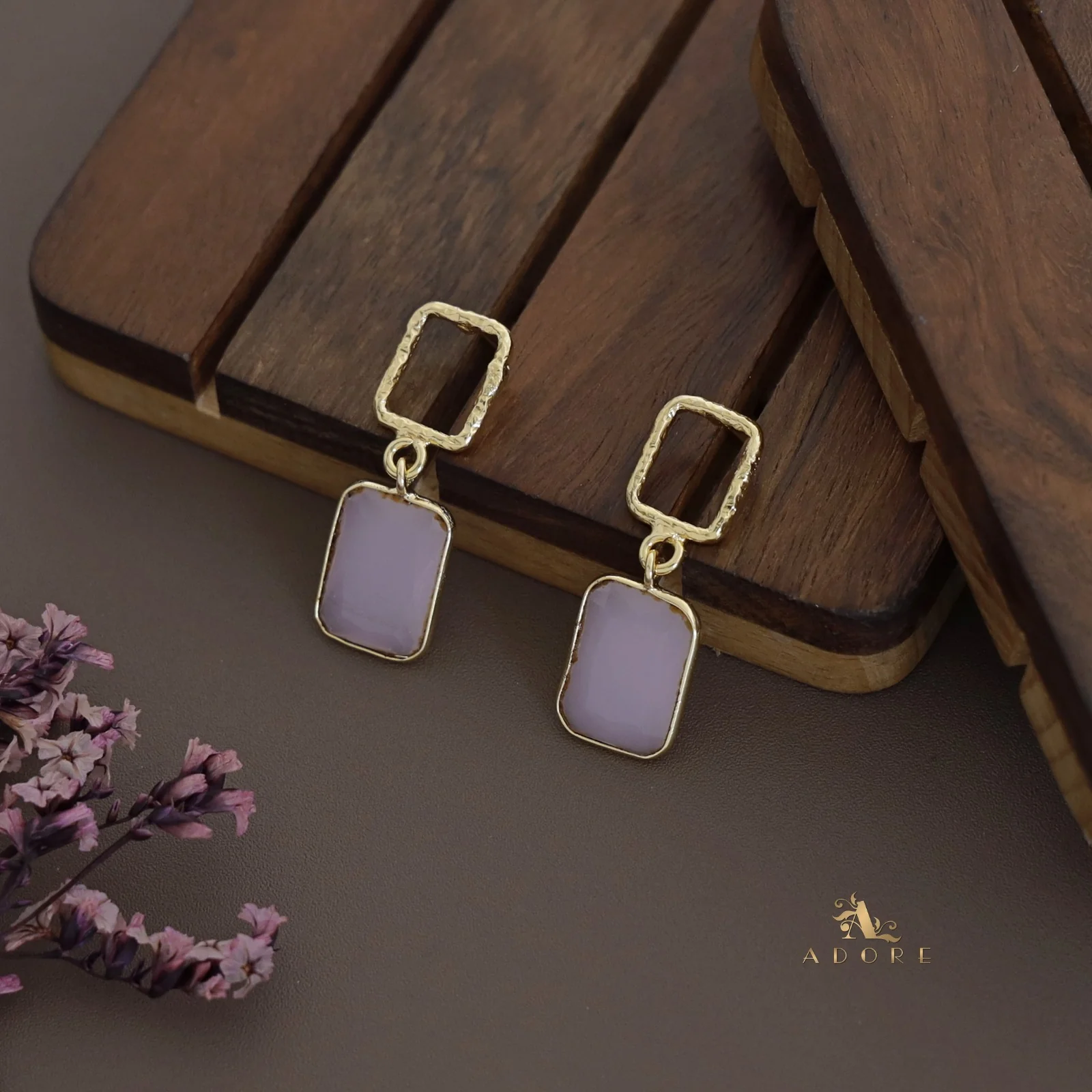 Golden Glossy Textured Rectangle Earring - Image 5