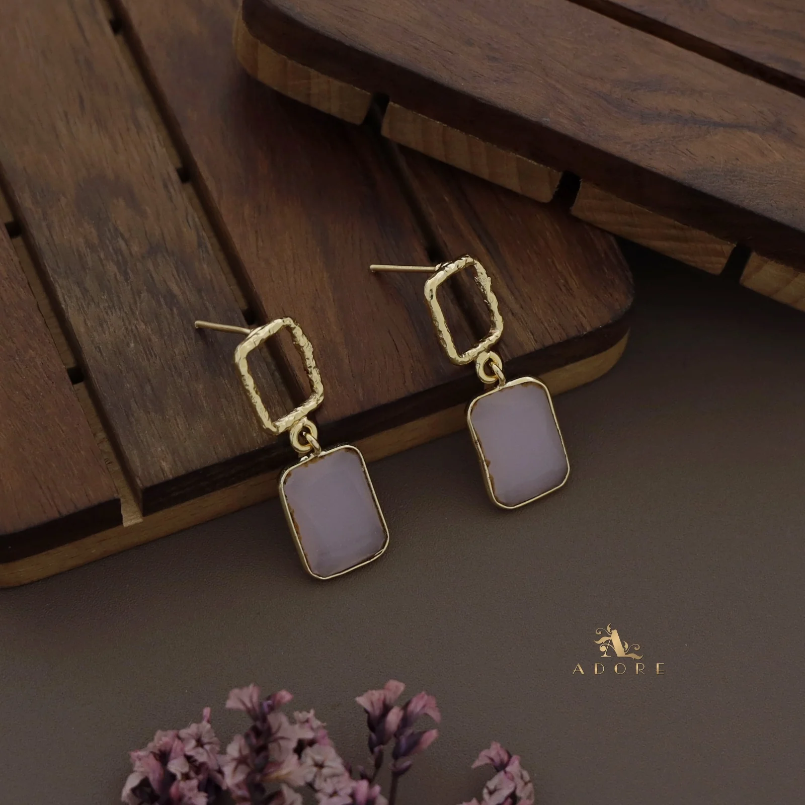 Golden Glossy Textured Rectangle Earring - Image 7