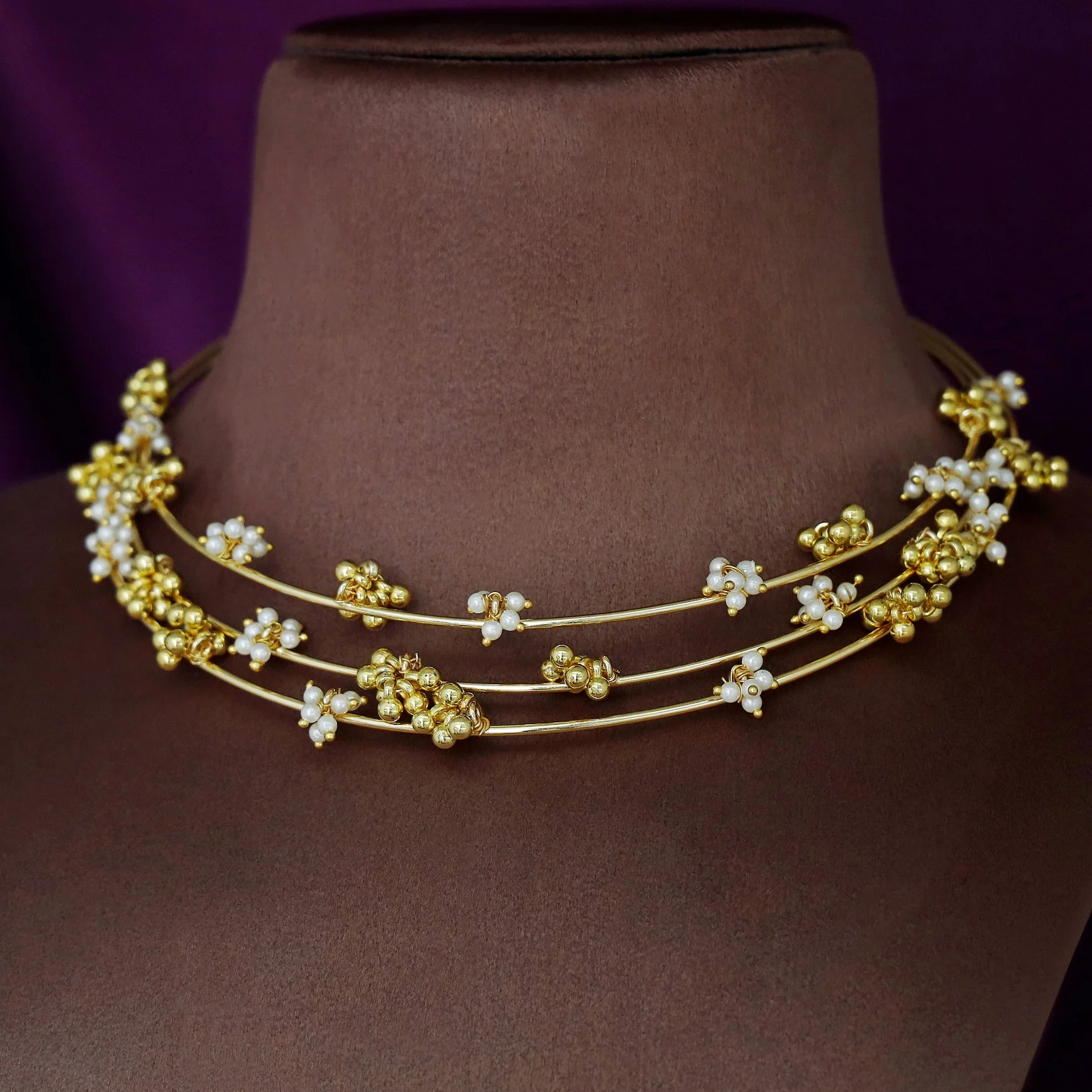 Golden Ghungroo Pearl 3 Layer Neck Cuff - Image 2