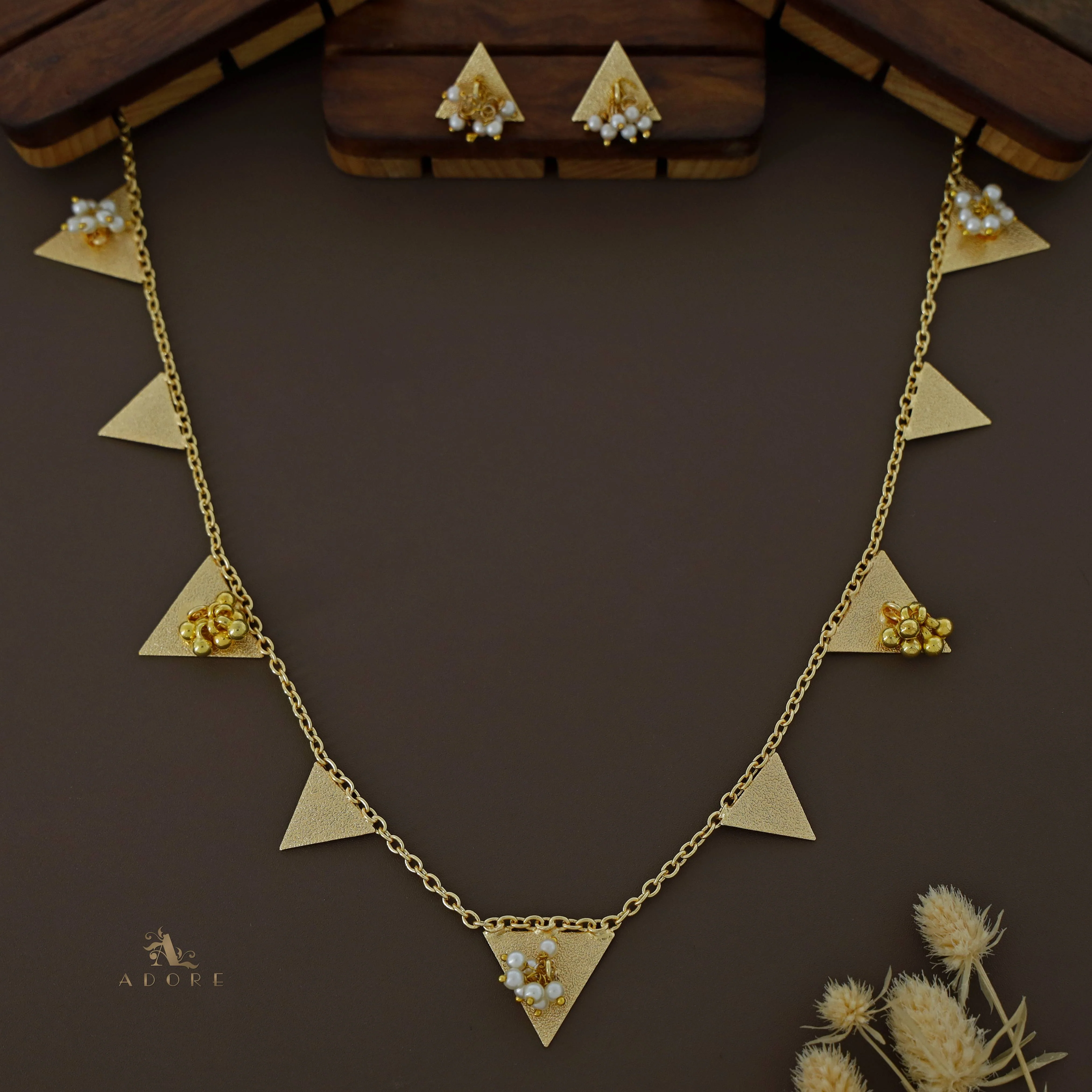 Golden Ghungroo Triangle Short Neckpiece With Earring - Image 7
