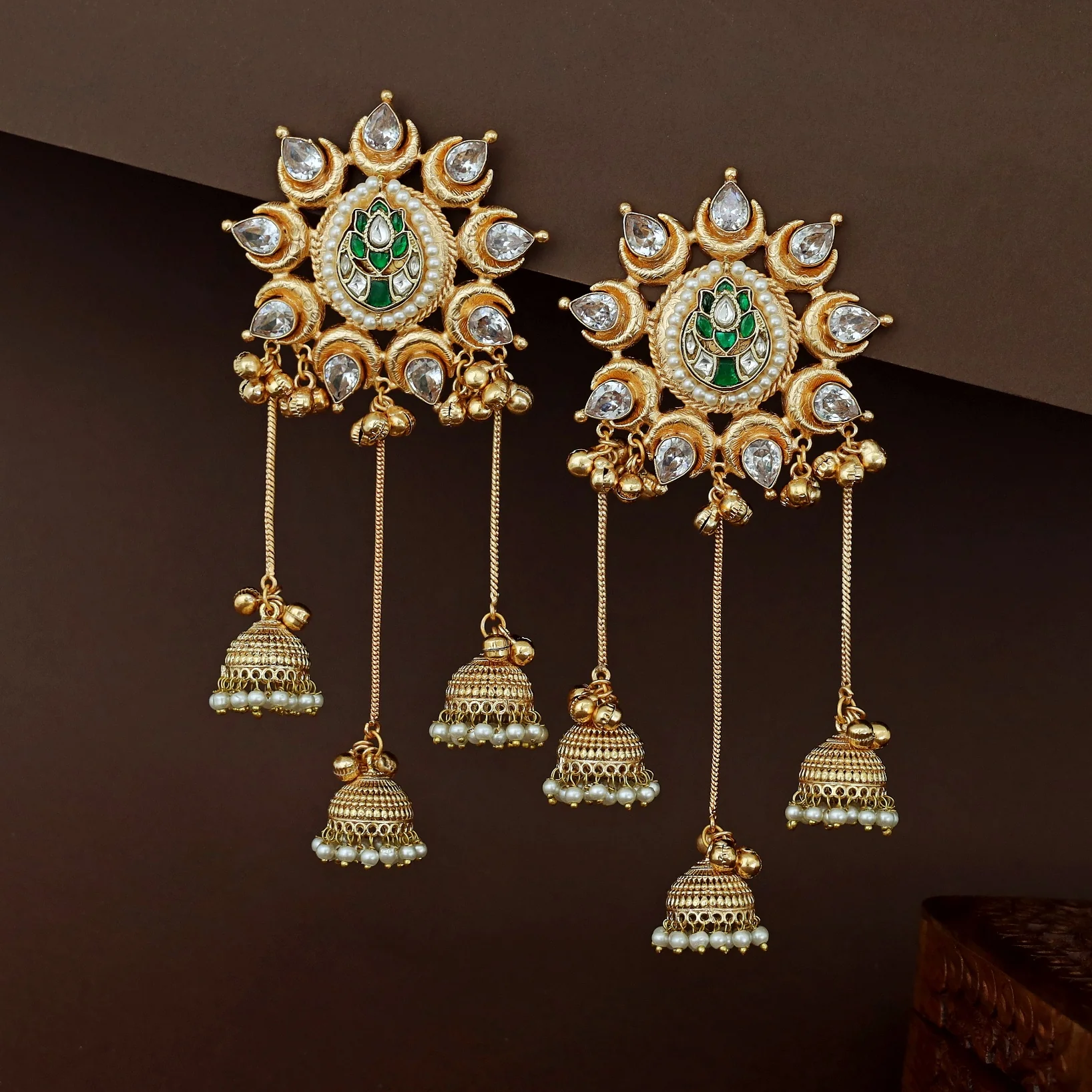 Pooja Golden Half Moon Flower Hanging Jhumka Kashmiri Earring - Image 2