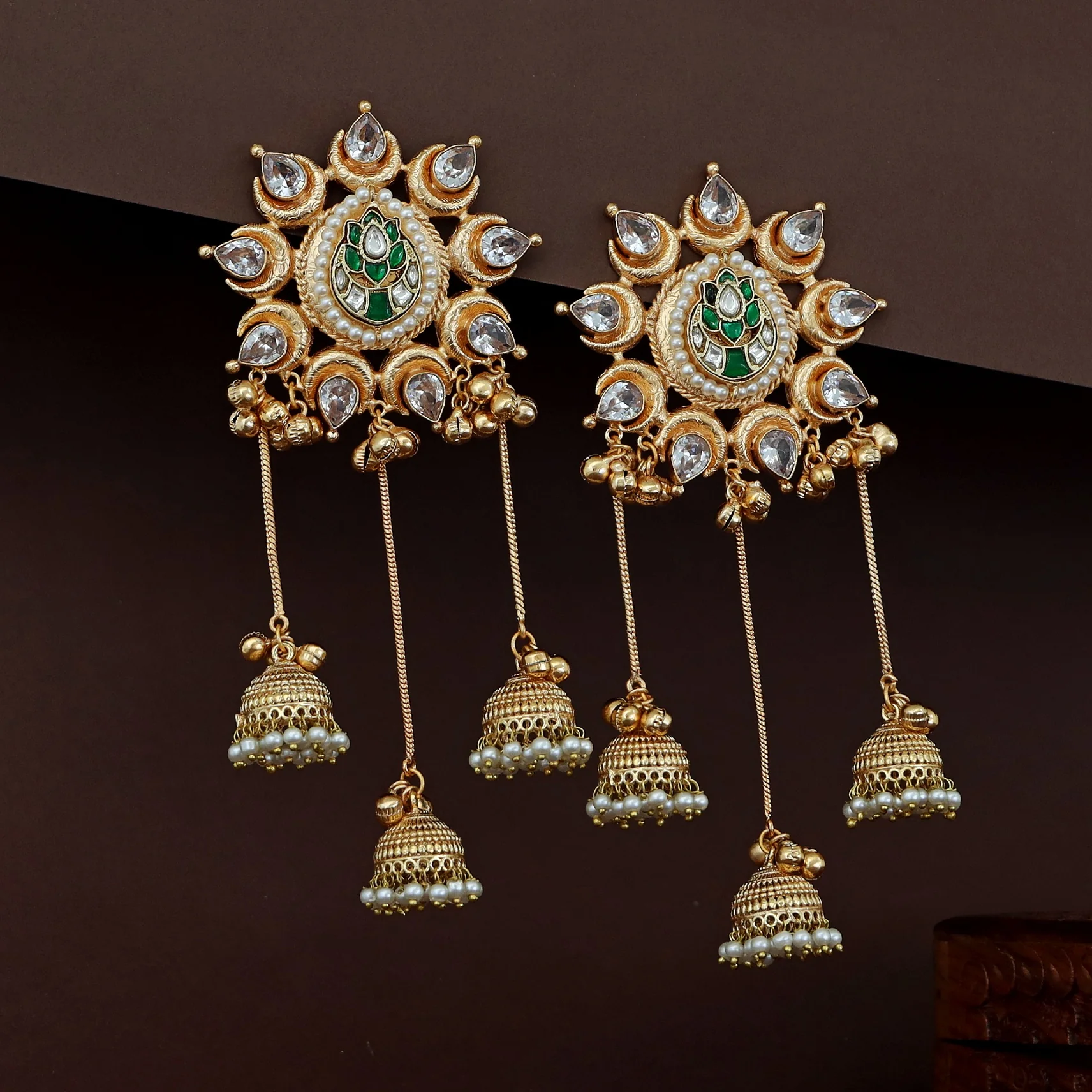 Pooja Golden Half Moon Flower Hanging Jhumka Kashmiri Earring - Image 3