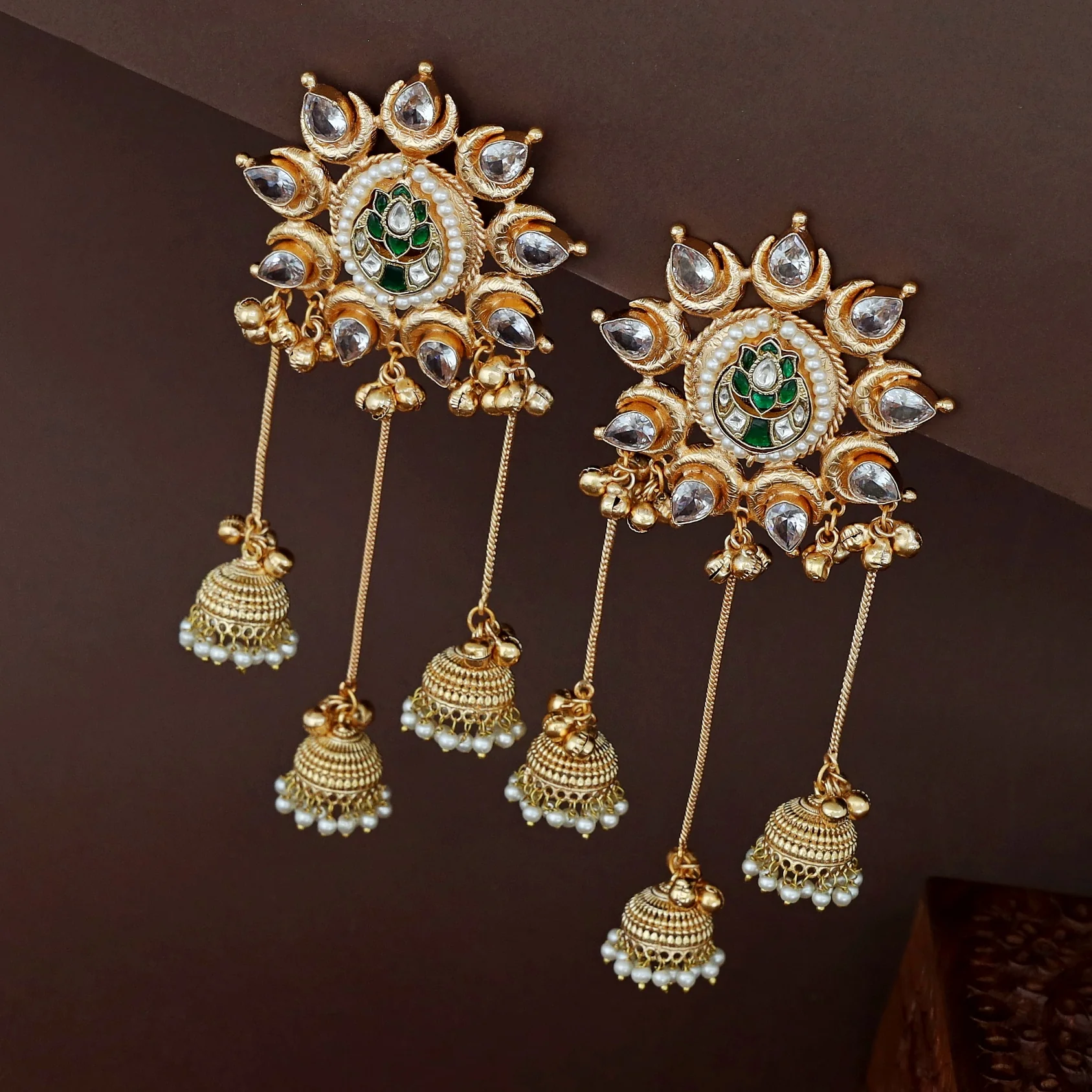 Pooja Golden Half Moon Flower Hanging Jhumka Kashmiri Earring - Image 4