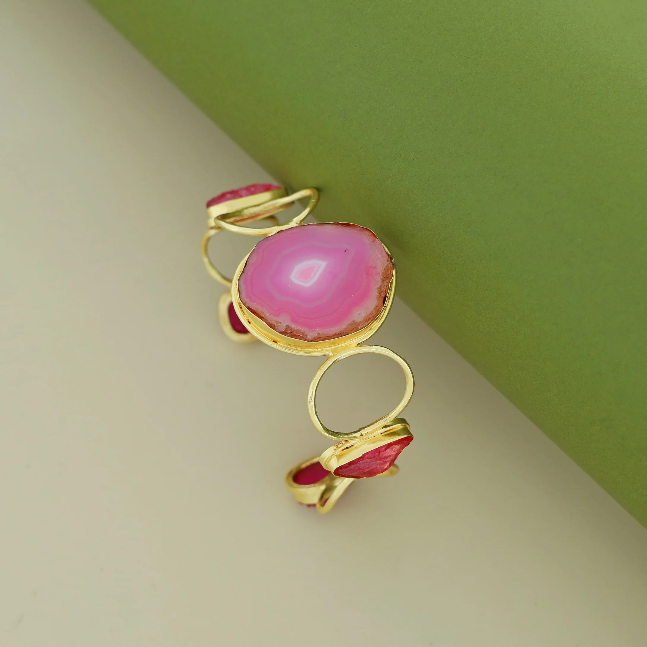 Golden Hammered Circle Agate + Dyed + Druzy Stone Bangle - Image 2