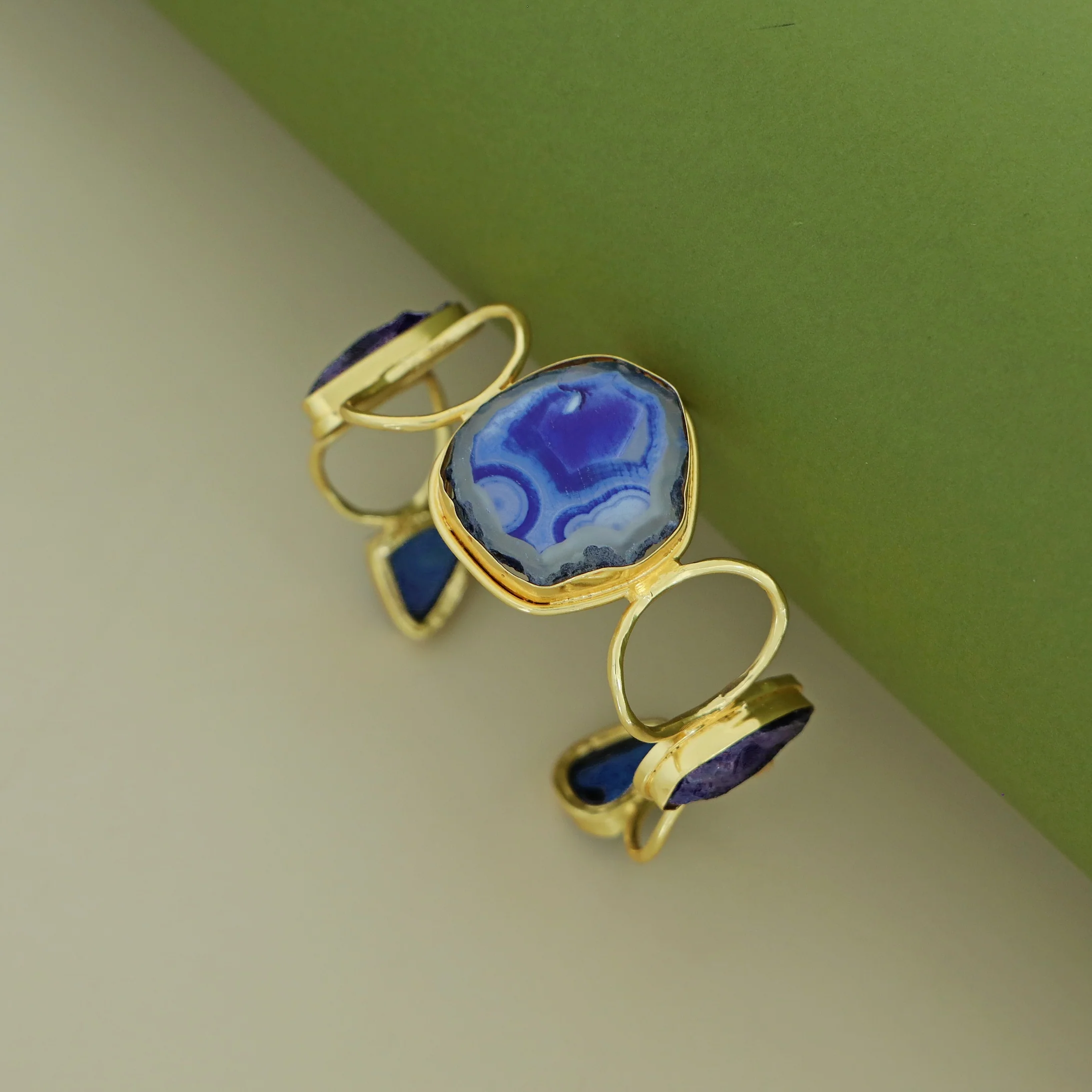 Golden Hammered Circle Agate + Dyed + Druzy Stone Bangle - Image 5