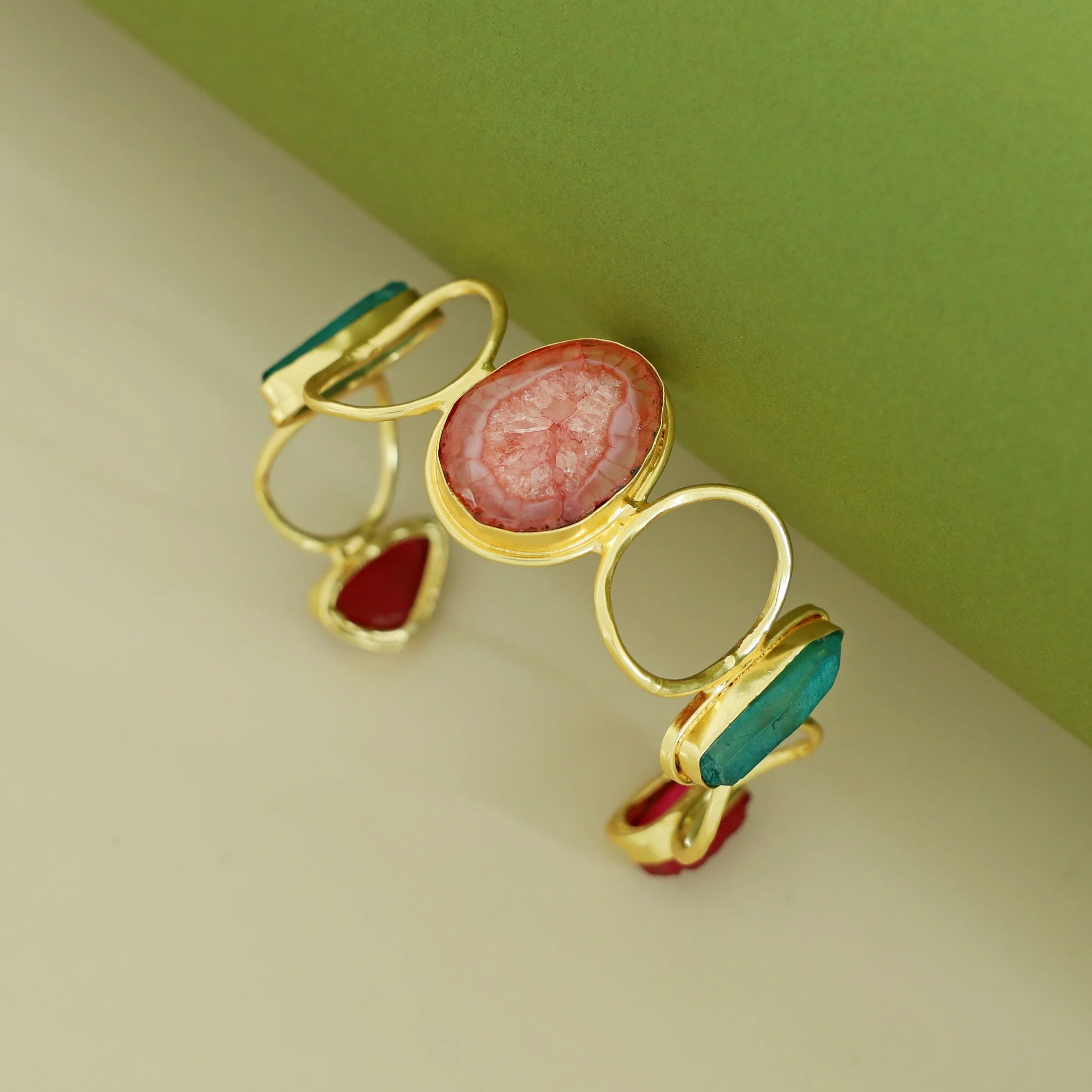 Golden Hammered Circle Agate + Dyed + Druzy Stone Bangle - Image 6