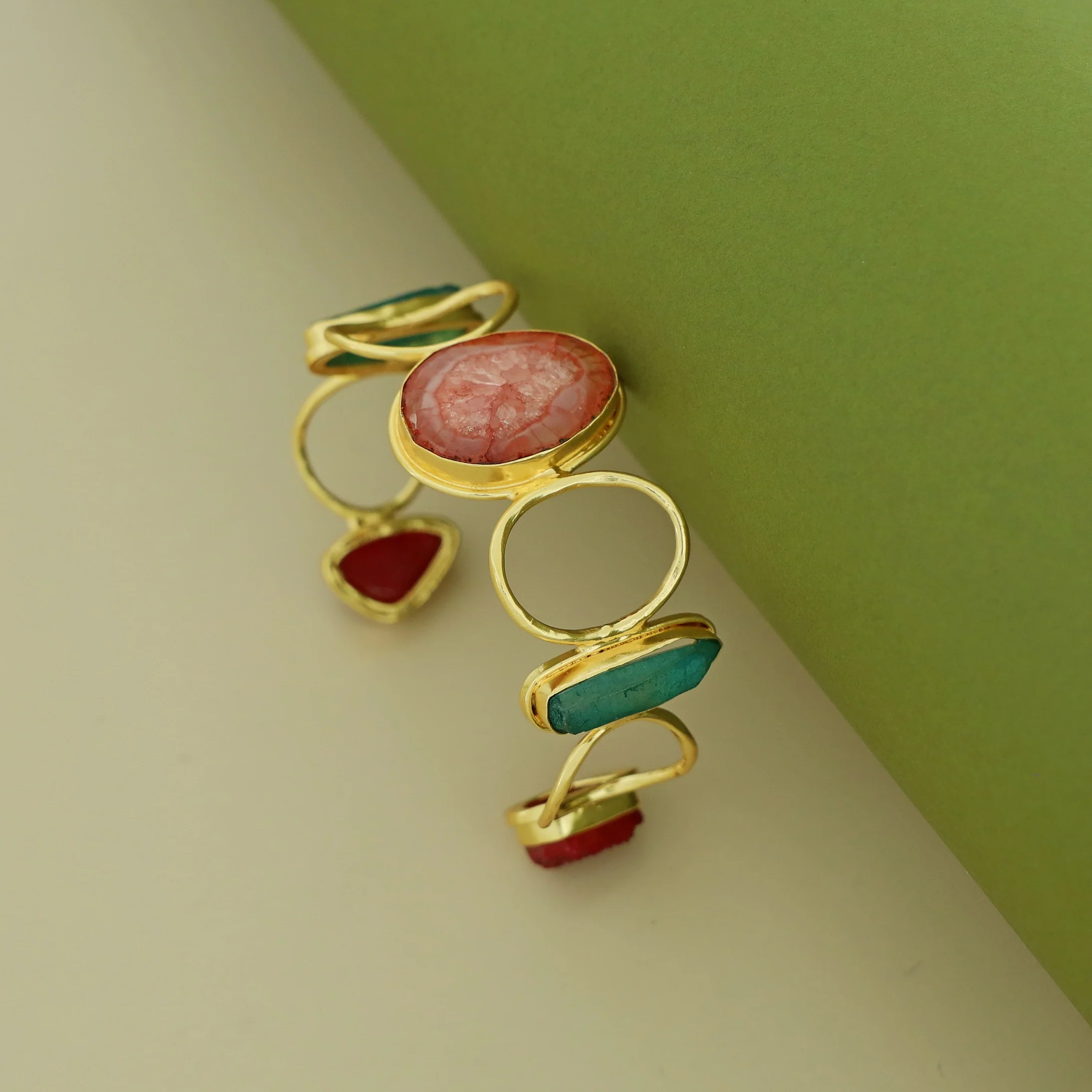 Golden Hammered Circle Agate + Dyed + Druzy Stone Bangle - Image 7