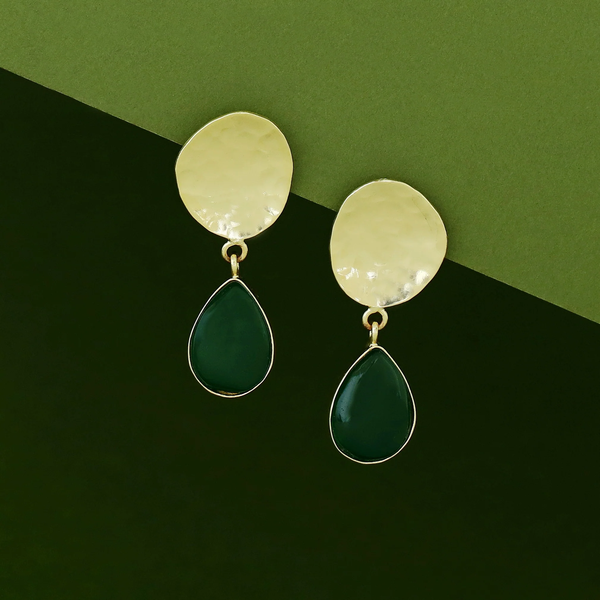 Rosie Golden Hammered Glossy Stone Drop Earring - Image 2