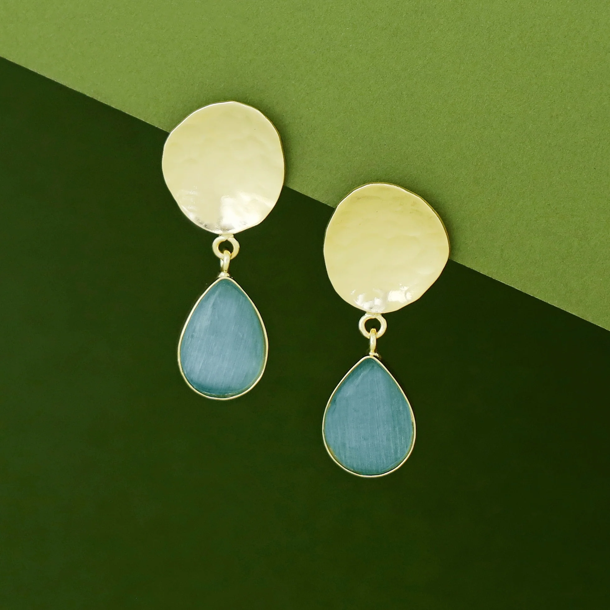 Rosie Golden Hammered Glossy Stone Drop Earring - Image 3