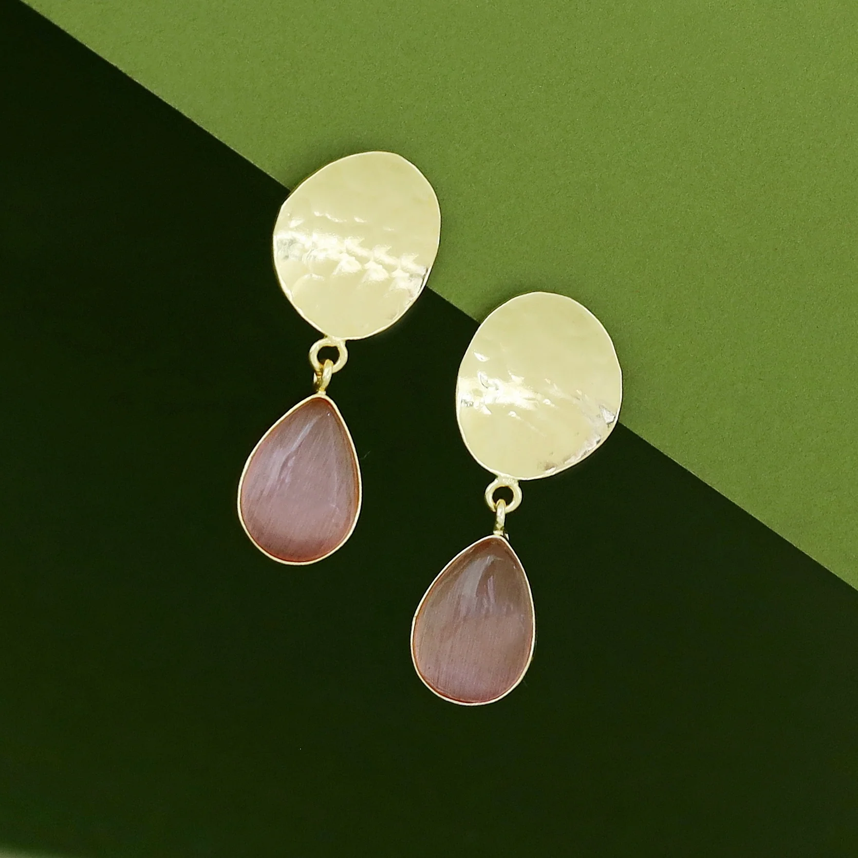 Rosie Golden Hammered Glossy Stone Drop Earring - Image 4