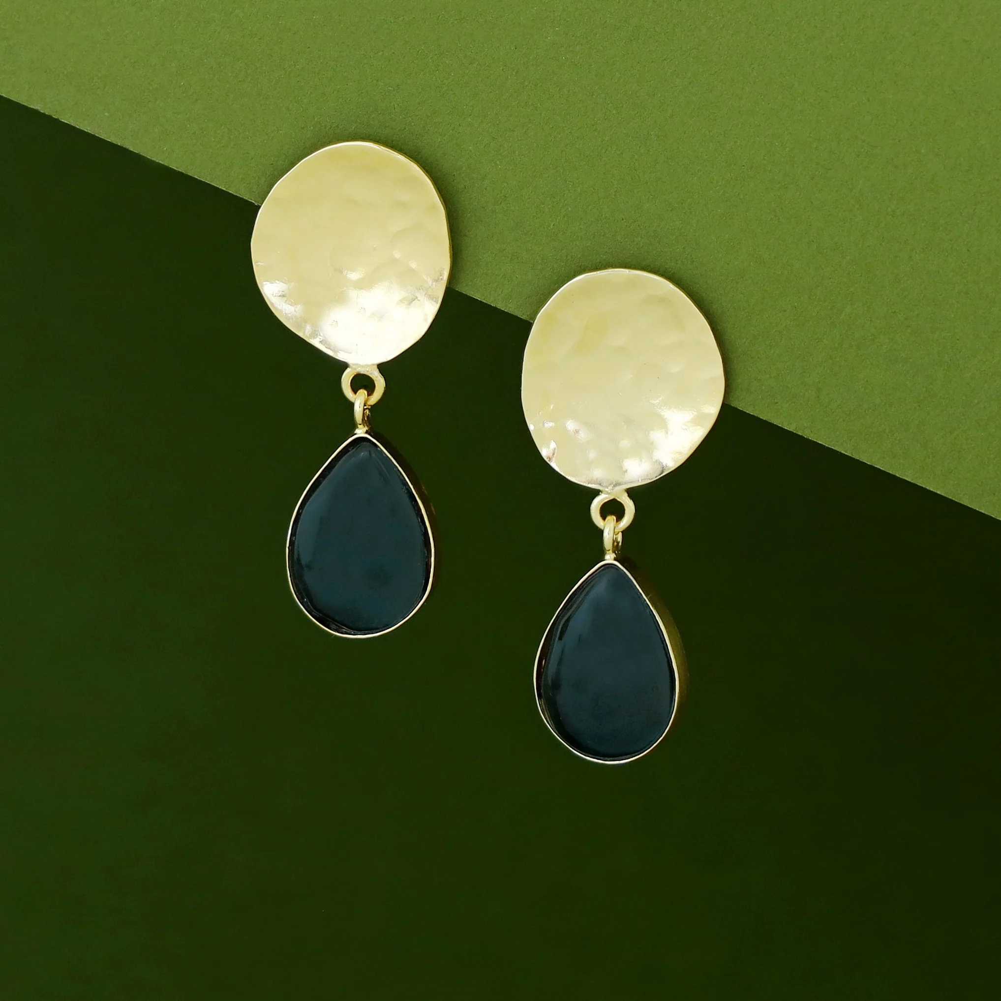 Rosie Golden Hammered Glossy Stone Drop Earring - Image 5