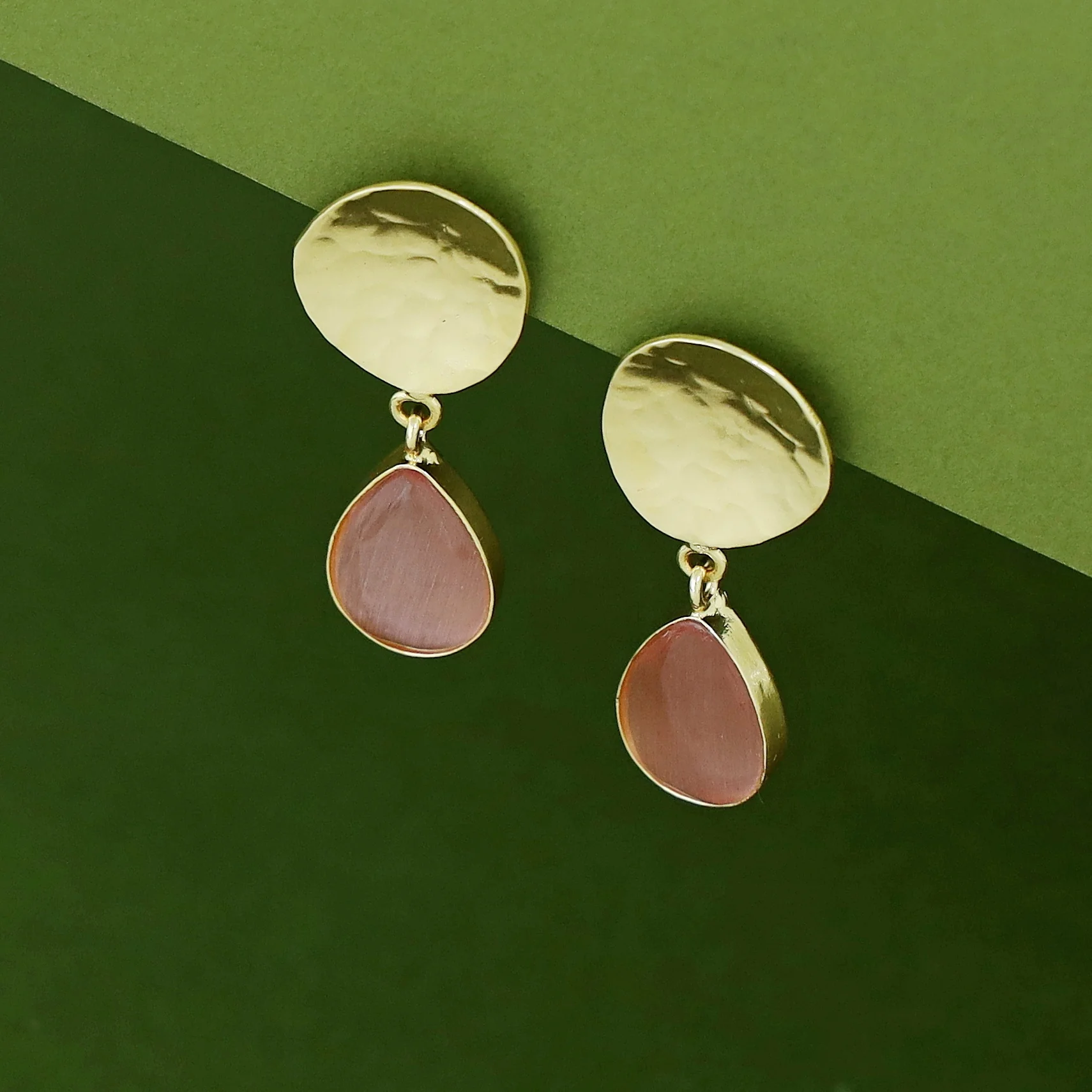 Rosie Golden Hammered Glossy Stone Drop Earring - Image 9