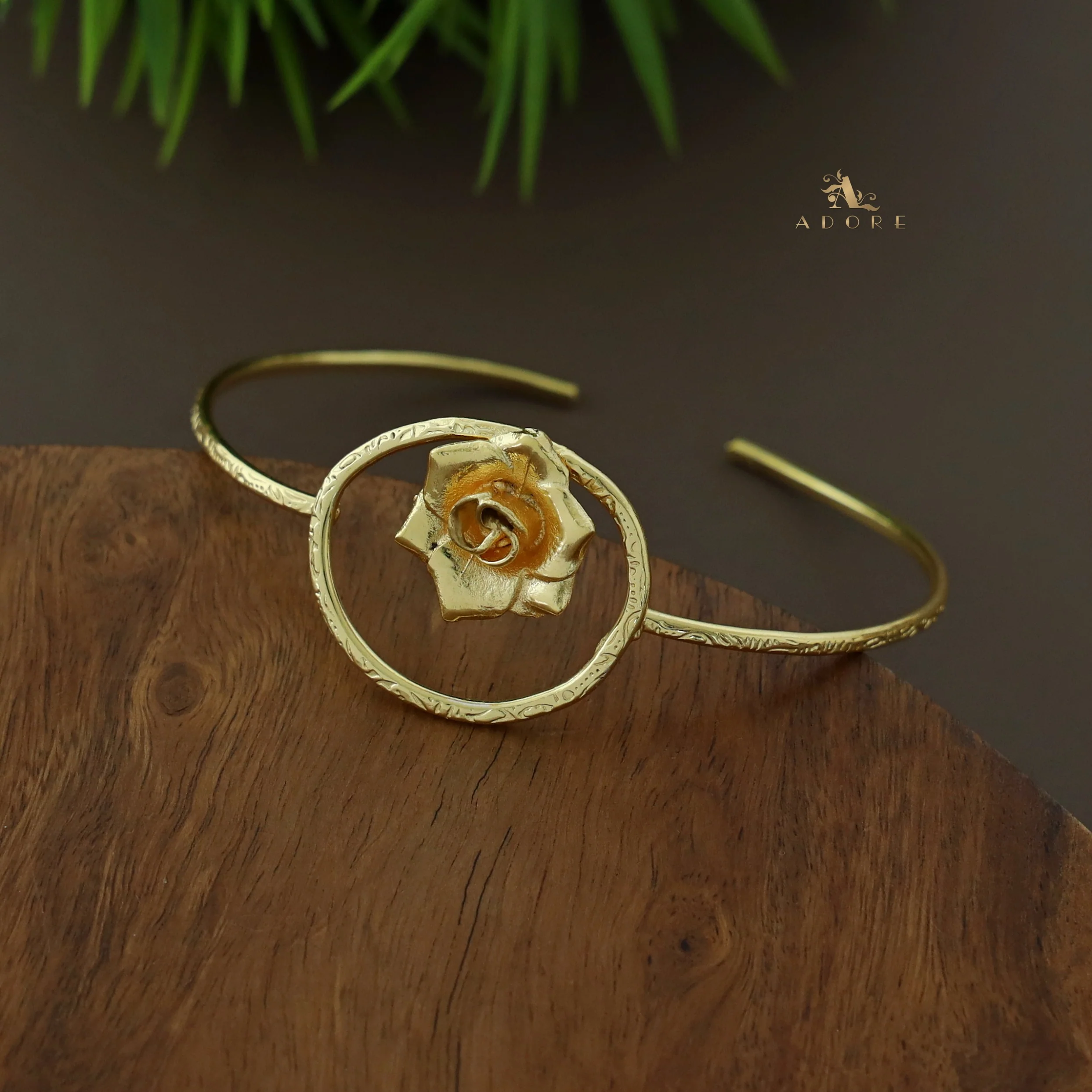 Golden Hammered Oval And Flower Bangle - Image 2