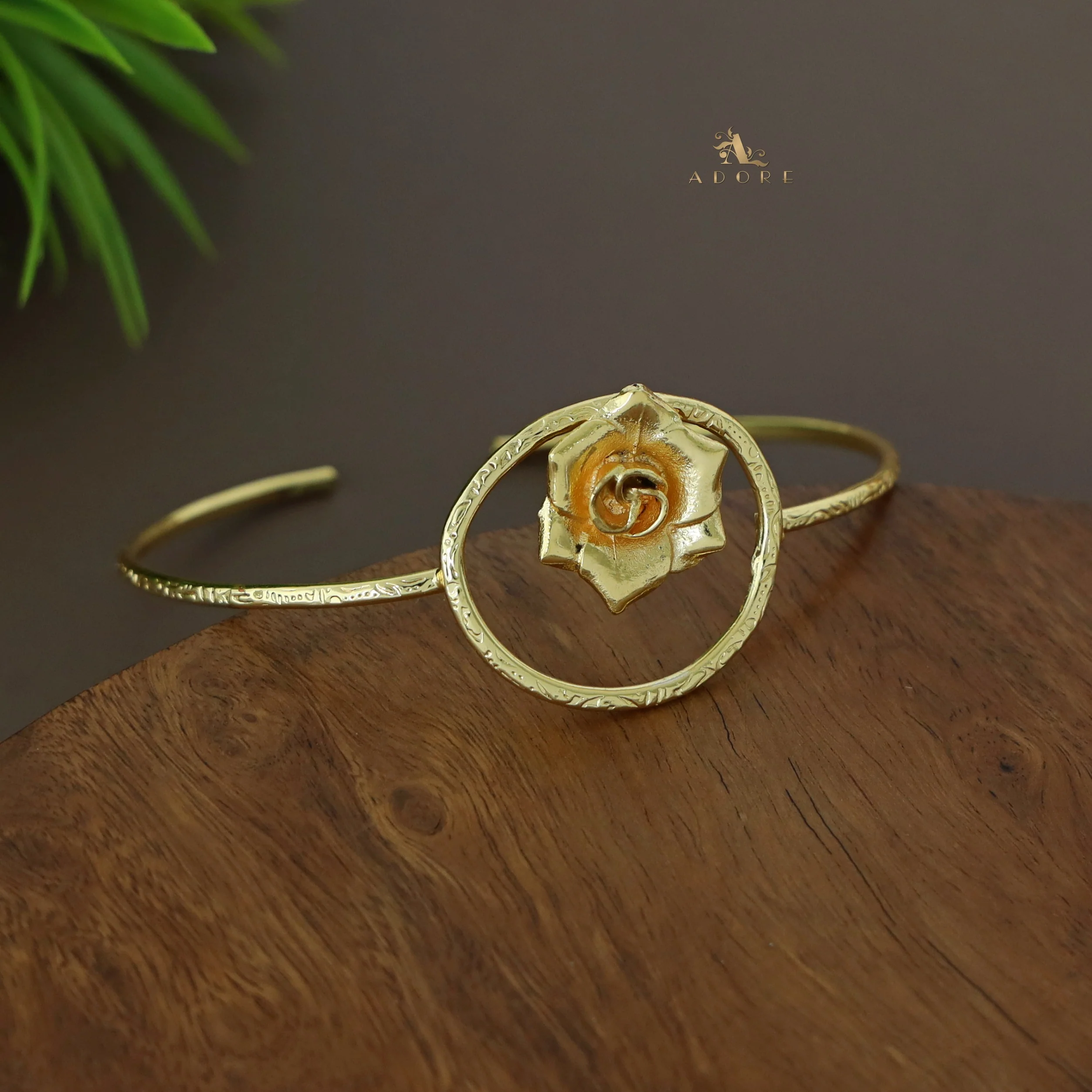 Golden Hammered Oval And Flower Bangle - Image 3