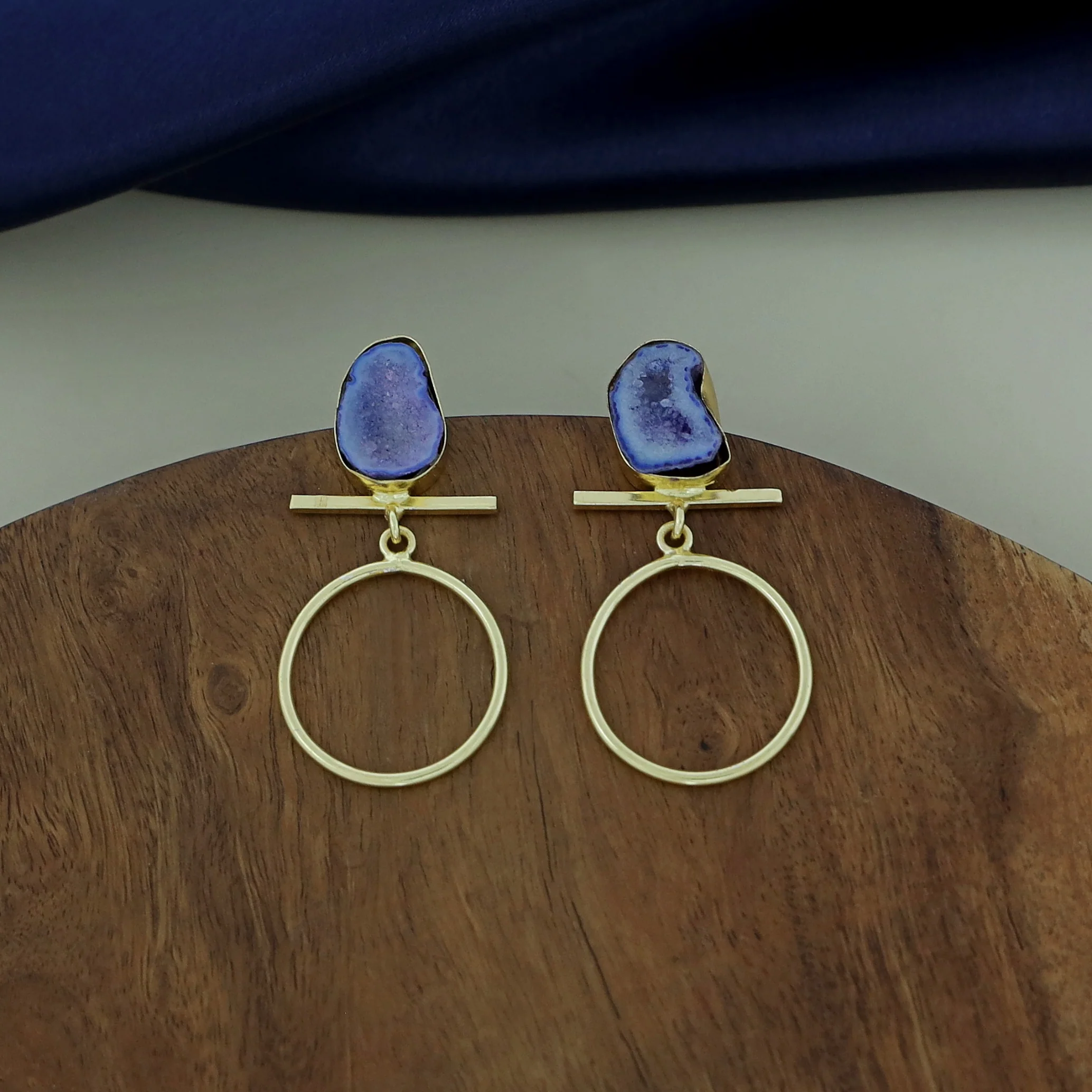 Golden Hanging Circle Agate Earring - Image 2