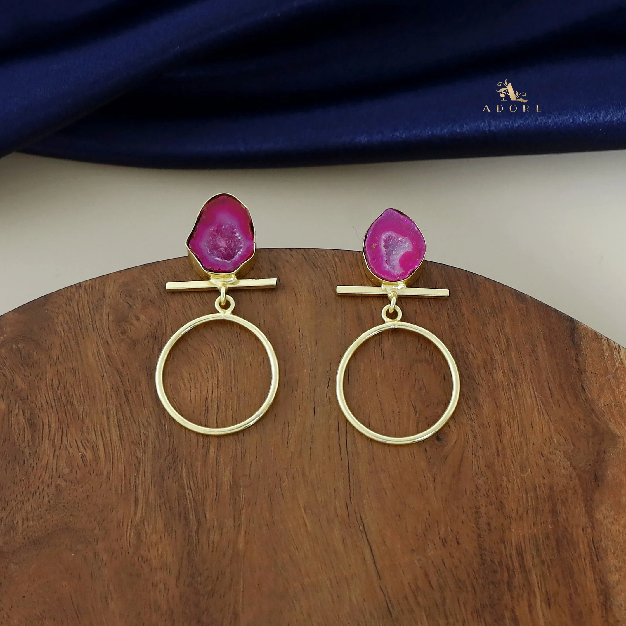 Golden Hanging Circle Agate Earring - Image 3
