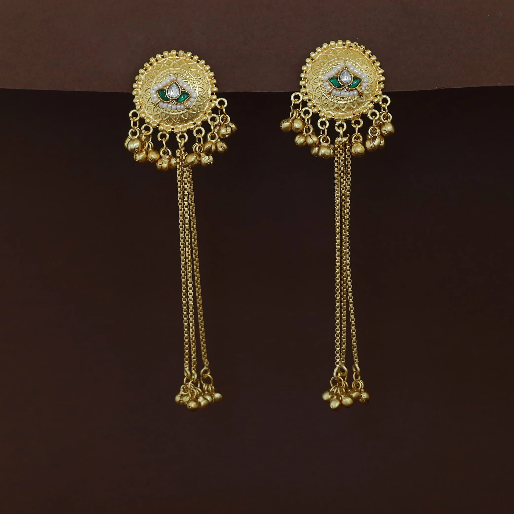 Shakshi Golden Hanging Ghungroo Kashmiri Jadau Kundan Earring - Image 2